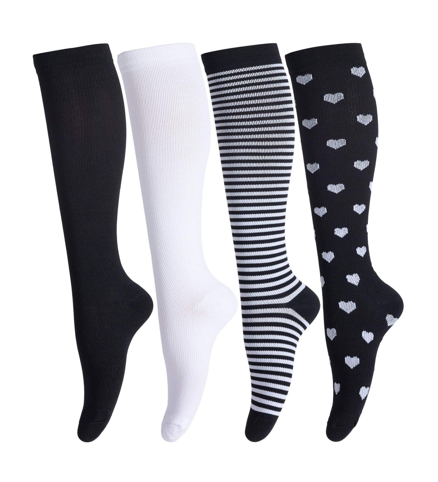 LEOSTEP Compression Socks (4Pair) for Men & Women - Non-Slip Long Tube Stocking for Running, Nurse, Travel, Flight, Pregnancy - 20-30 mmHg - Black + White - Buy Online on GoSupps.com