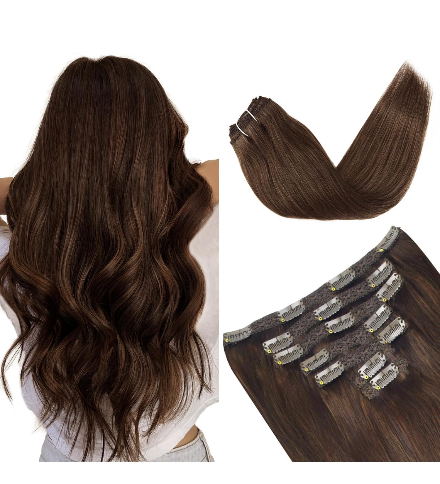 Vlasy Clip in Hair Extensions 16 Dark Brown Human Hair 7 Pieces Seamless Thick Weft Extensions for Women - 80g - Buy Online on GoSupps.com