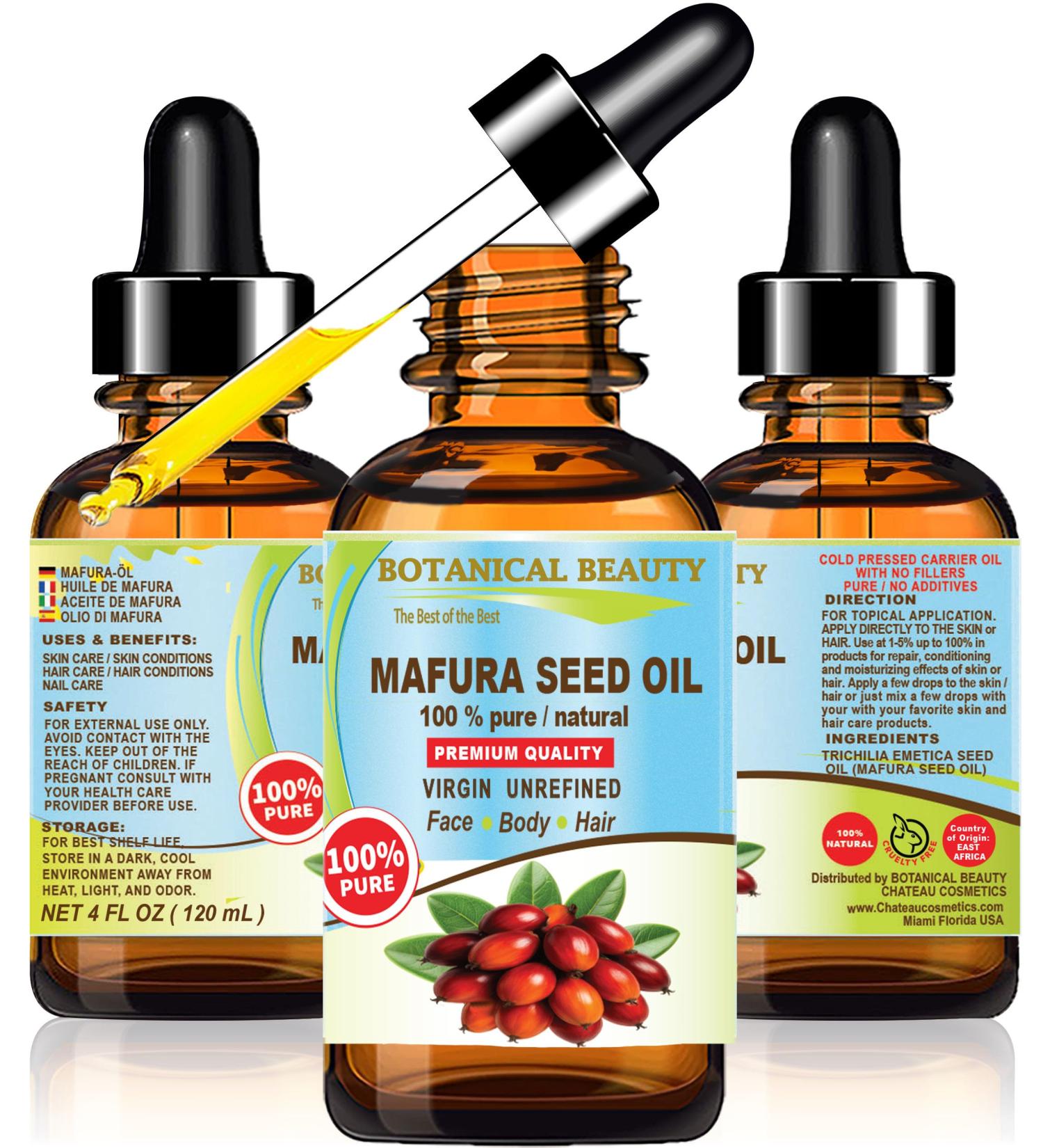 Botanical Beauty MAFURA SEED OIL 100% Pure Natural Undiluted Virgin Unrefined Cold Pressed Carrier Oil. 4 Fl.oz.- 120 ml. for Face Skin Body Hair Nails. Rich in Vitamin C Vitamin E - Buy Online on GoSupps.com
