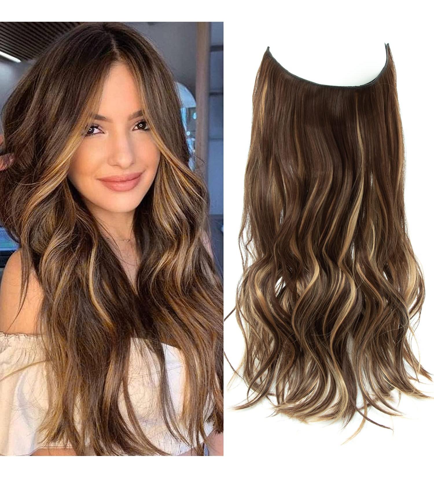 Invisible Wire Hair Extensions 20 Inch Wavy Chocolate Brown to Caramel Blonde - Synthetic Hair Pieces for Women - Buy Online on GoSupps.com