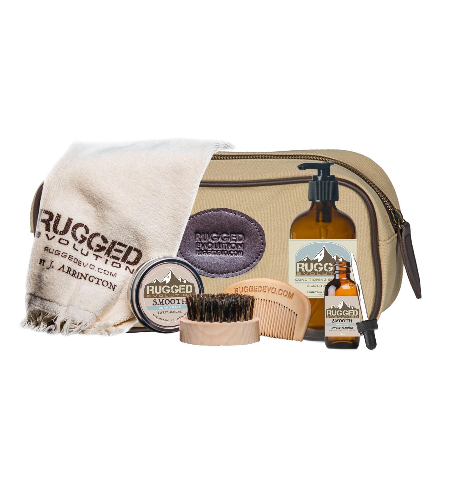 Smooth (Sweet Almond) - Mild Strength Premium Beard Care Combo Rugged Distinction - Facial Hair Care Balm Beard Oil & Shampoo - Grooming Towel Brush Comb & Bag (7 Piece)