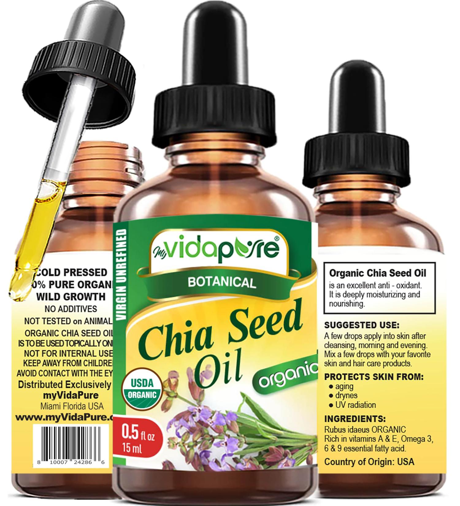 MYVIDAPURE Organic CHIA SEED OIL Certified Organic 100% Natural Pure VIRGIN UNREFINED Undiluted Cold Pressed Carrier Oil for Face Skin Body Hair Lip Nails Anti-Aging Rich in Vitamin E (0.5 Fl Oz) 0.5 Fl Oz (Pack of 1) - Buy Online on GoSupps.com