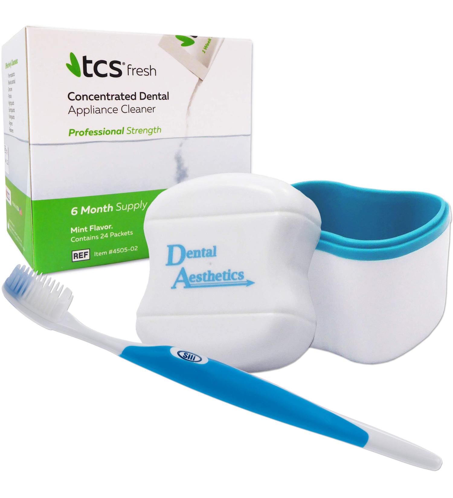 TCS Bath & Silicone Brush 24 Weekly Sachets Concentrated Cleaner for Flexible Dentures Retainers and Dental Appliances (Blue Brush)