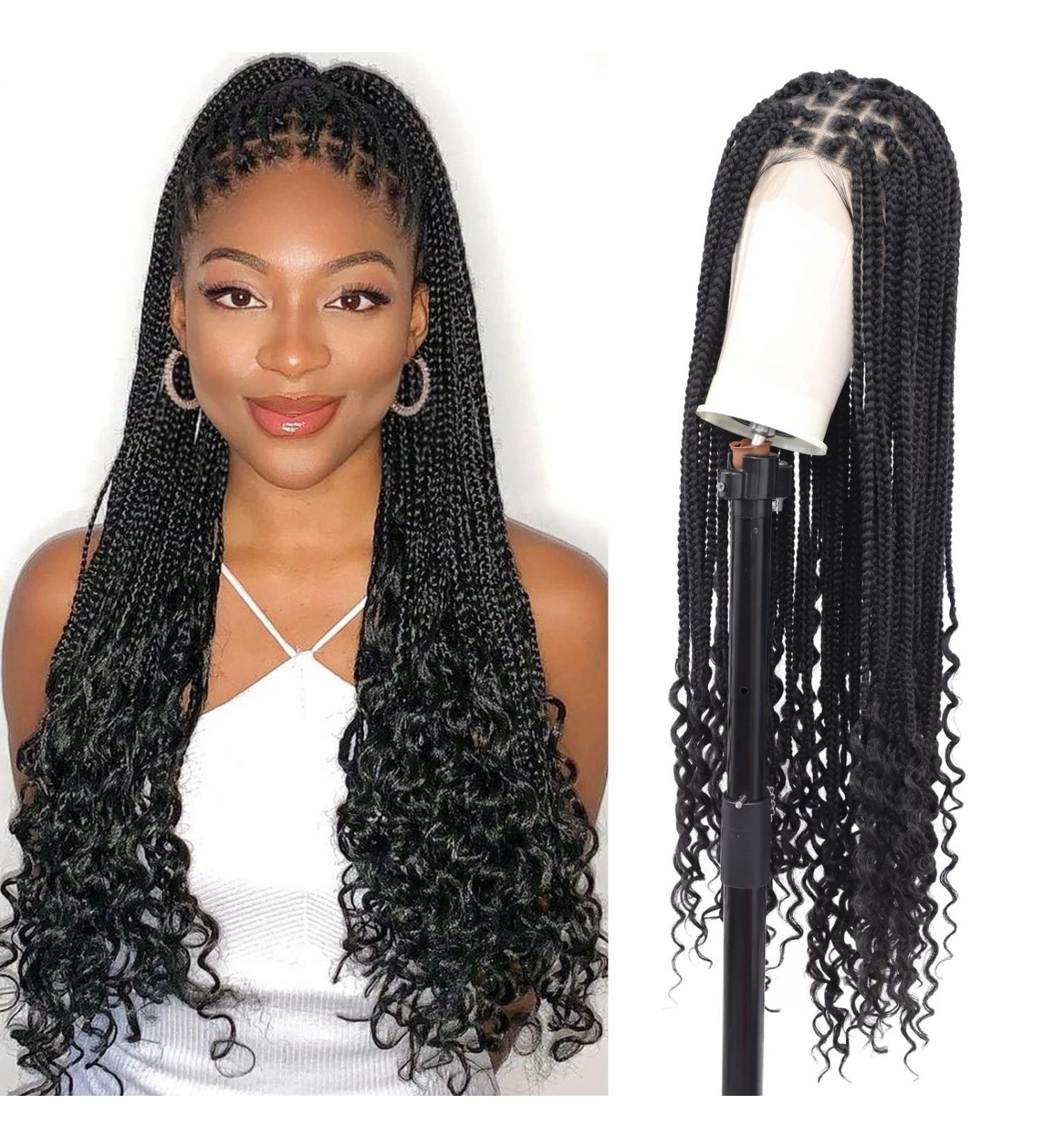 Fecihor 36 Boho Curly Ends Lace Front Braided Wig for Black Women | Knotless Cornrow Box Braids with Baby Hair - Synthetic Black Wig - Buy Online on GoSupps.com