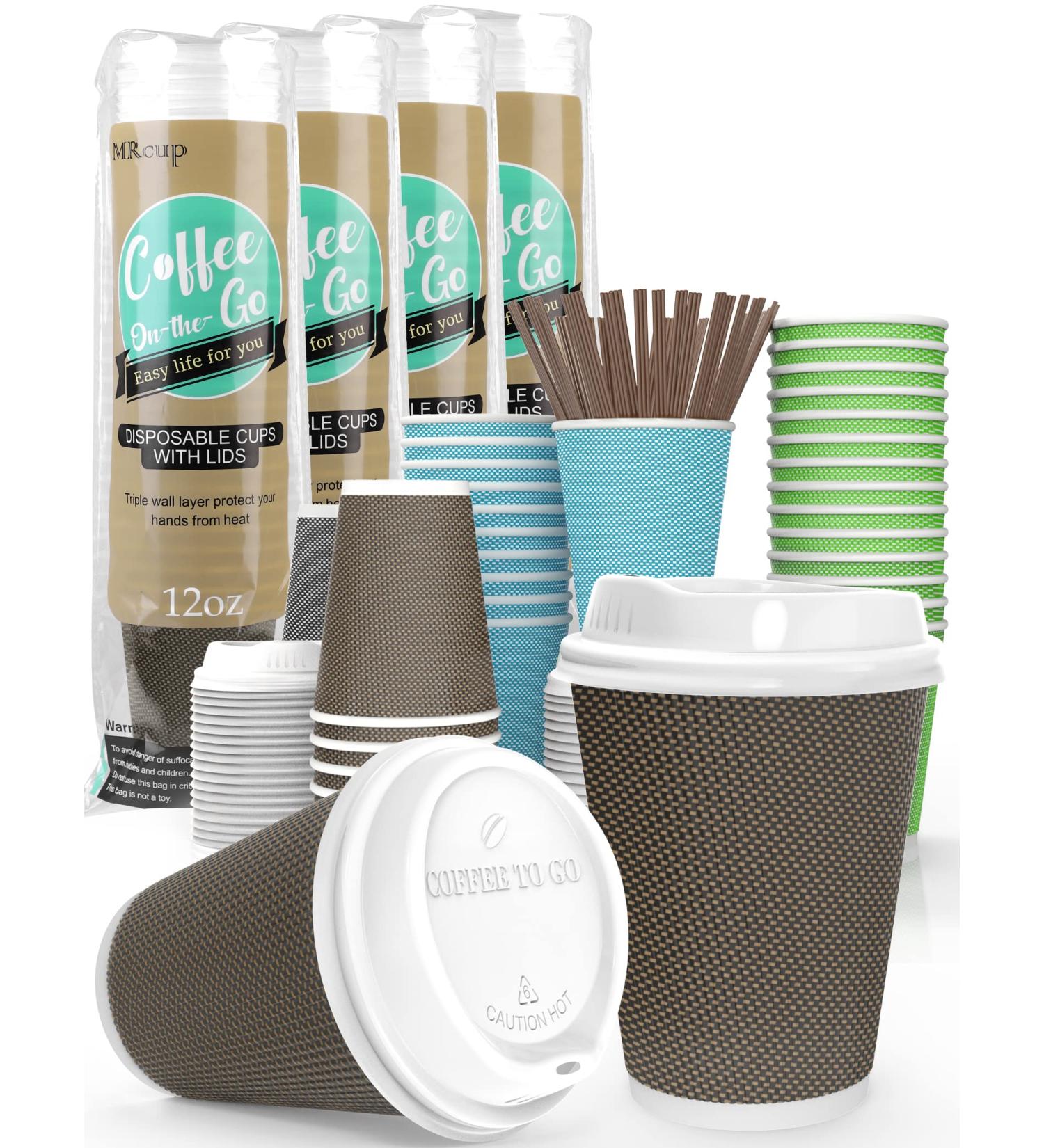 MRcup 12 oz Brown Heat-free Coffee Cups with Lids & Straws - 40 Pack | Triple Wall Insulated & Leak-free Disposable Cups for Togo | Anti-spill & Anti-slip Reusable Paper Cups - Buy Online on GoSupps.com