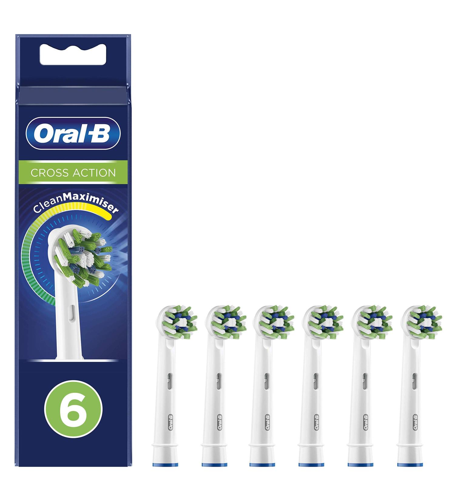 Oral-B Cross Action Electric Toothbrush Heads with CleanMaximiser Technology - Pack of 6, White - Angled Bristles for Deeper Plaque Removal - Buy Online on GoSupps.com