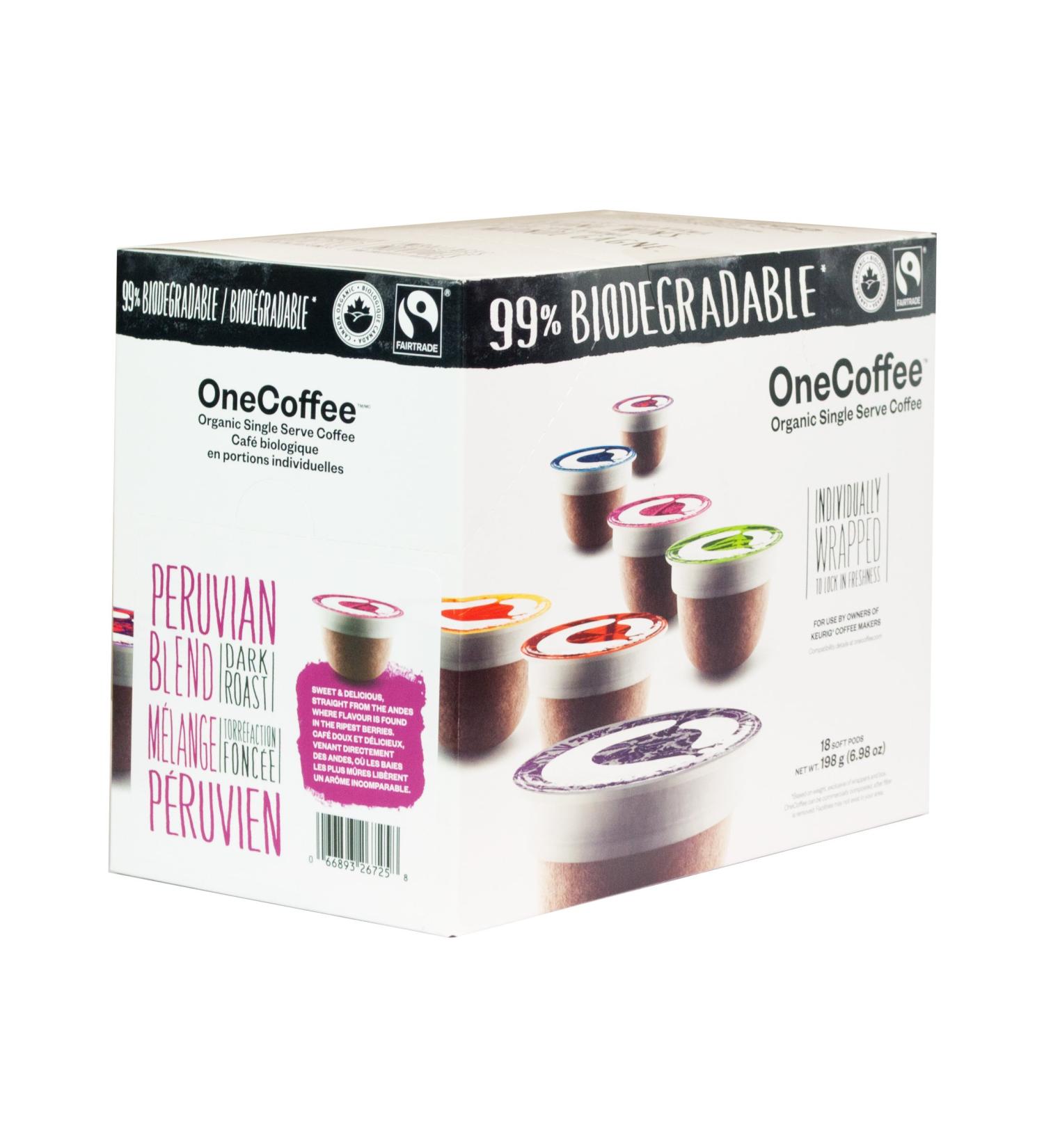 OneCoffee Biodegradable Organic Fairtrade Coffee Peruvian Blend 18-Count Compatible with Keurig K-Cup Brewers