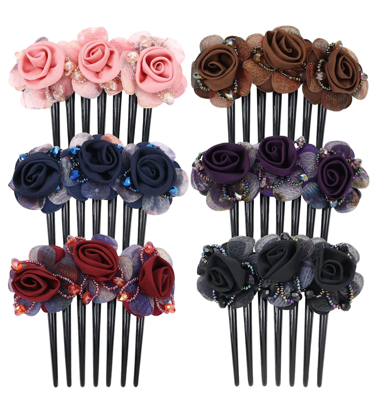 6 Pack Artificial Rose Flower Hair Combs for Women - Floral Bun Holders and Barrettes for Thick Hair - French Twist Chignon Updo Accessories - Buy Online on GoSupps.com