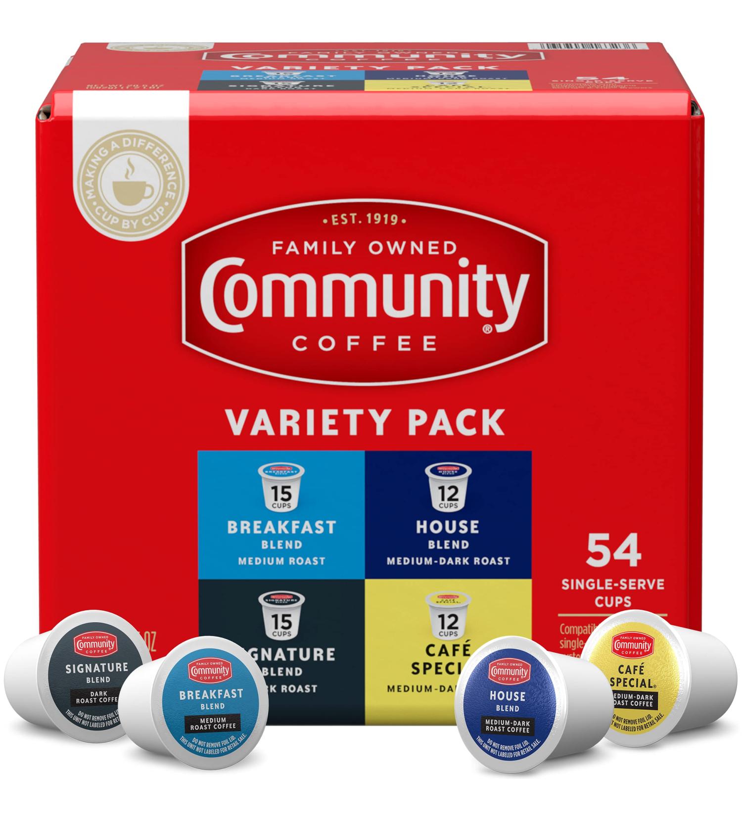 Community Coffee Variety Pack 54 Count Medium Dark Roast Coffee Pods - Compatible with Keurig 2.0 K-Cup Brewers - 4-Blend Variety Pack of 54 Pods - Buy Online on GoSupps.com