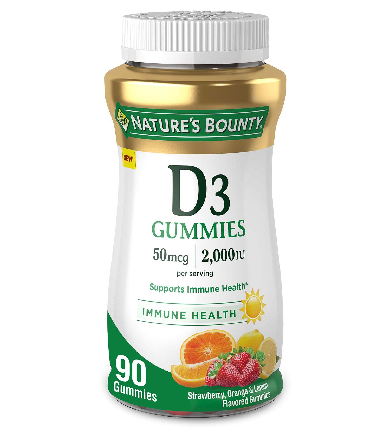 Nature's Bounty Vitamin D3 Gummies - Strawberry, Orange & Lemon Flavored (50 mcg, 2000 IU) - 90 Count - Buy Online on GoSupps.com