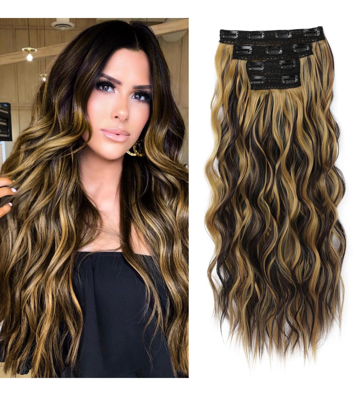 Reecho Clip-In Hair Extensions | 4PC Thick 60CM Dark Brown with Blonde Highlights | Natural Soft Beach Waves - Buy Online on GoSupps.com