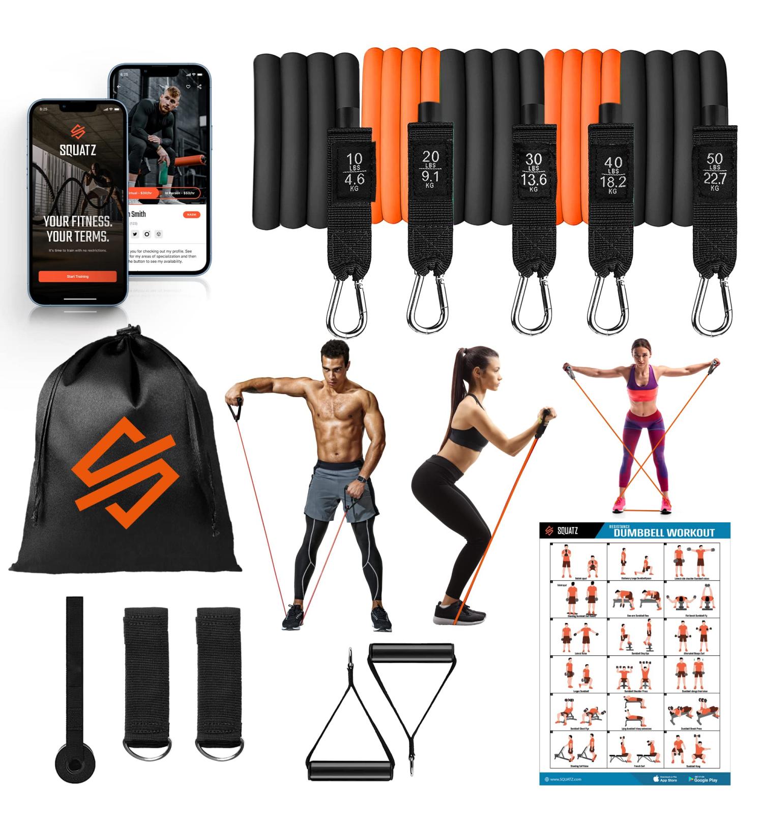 Buy SQUATZ Resistance Bands - 5 Adjustable Workout Bands for Physical Therapy & Home Fitness - Includes Door Anchor Handles Carry Bag & Ankle Straps - International Shipping Available - Buy Online on GoSupps.com