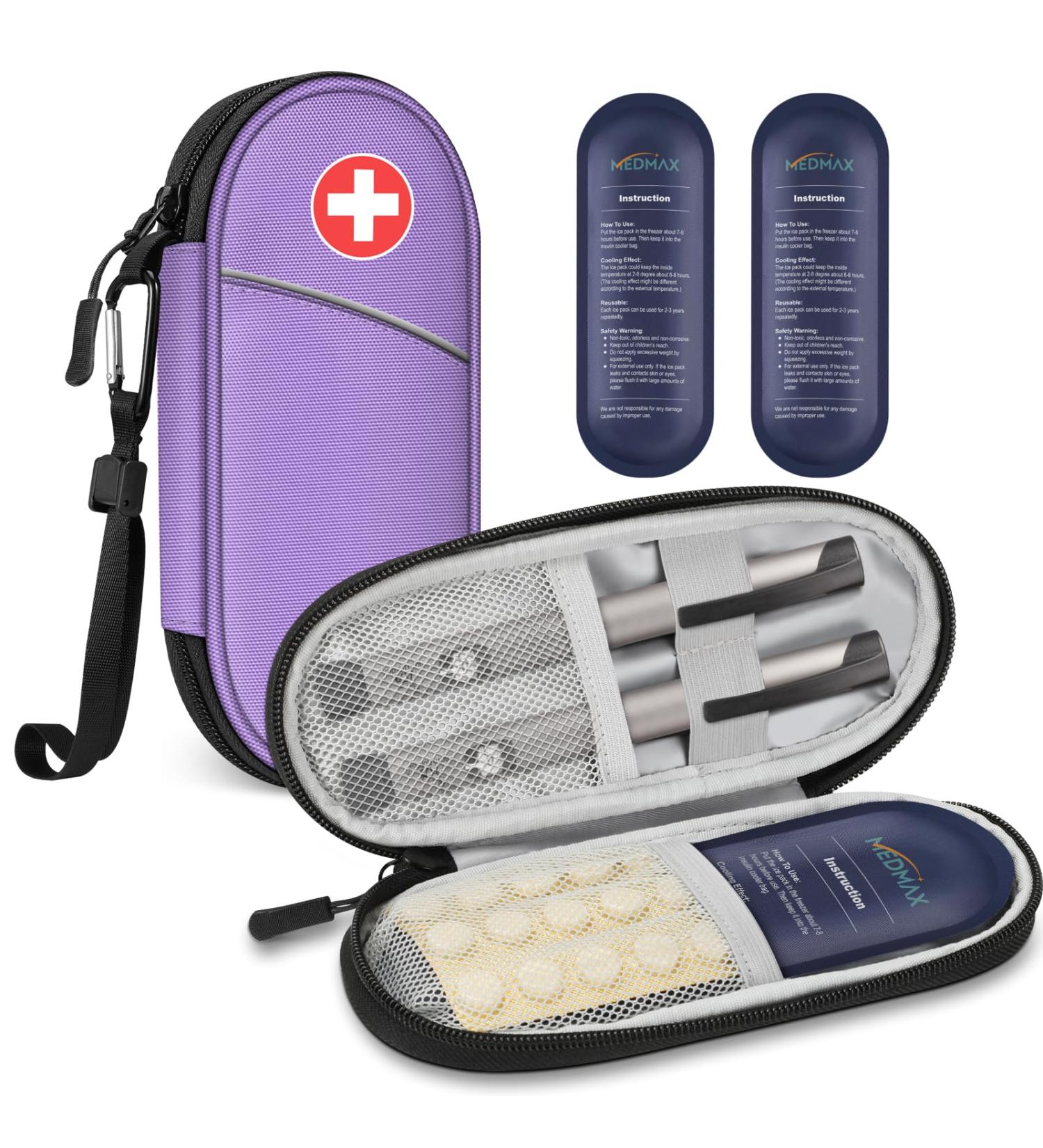 Medmax Insulin Cooling Bag - Portable Water-Repellent Cooler for Diabetics | Includes 2 Cooling Packs | Insulated Medical Pocket for Insulin Pen & Accessories (Purple) - Buy Online on GoSupps.com