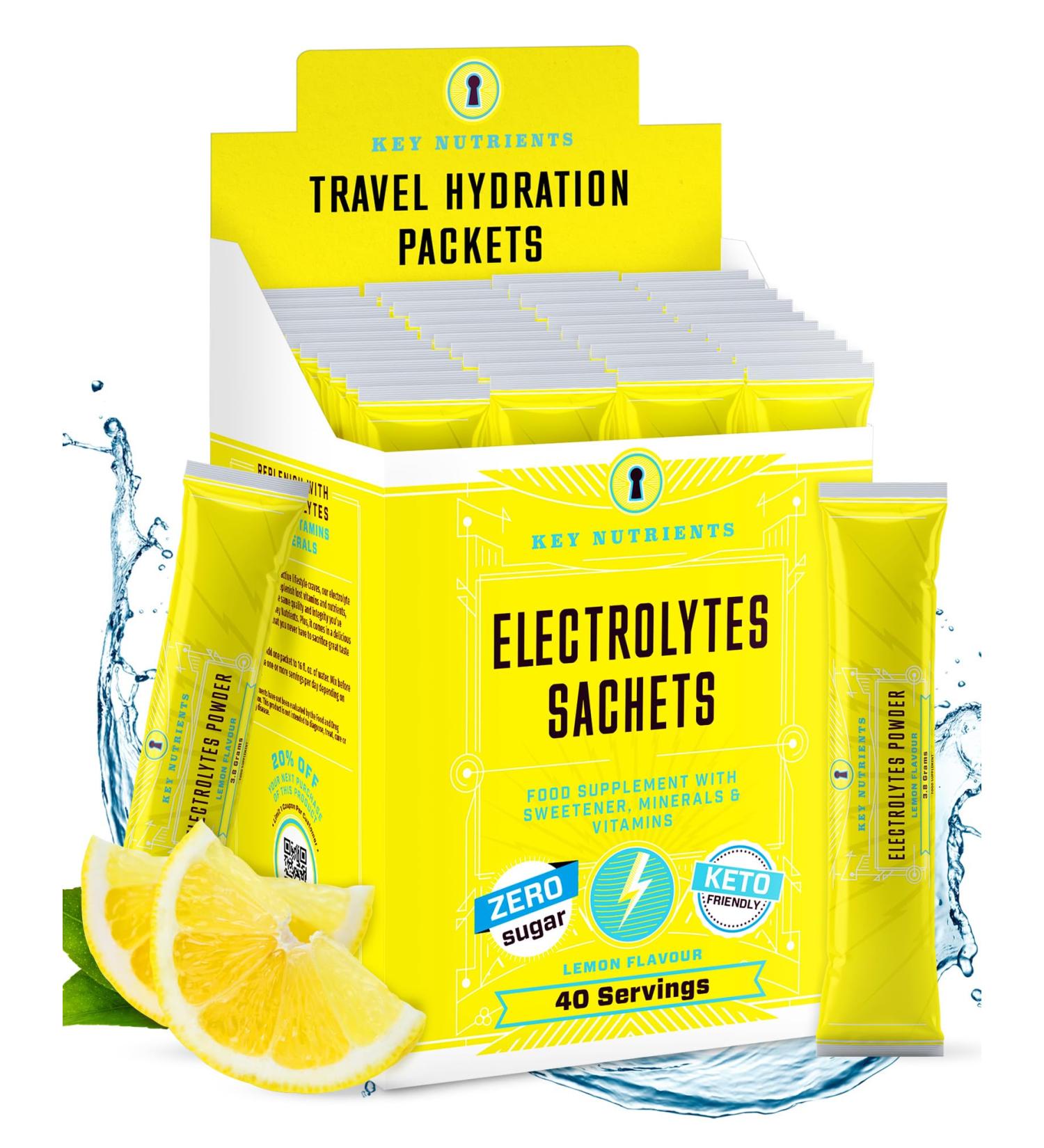 Key Nutrients Electrolytes Sachets - Multivitamin & Minerals Powder - 40 Servings Lemonade - Hydration Sachets - Buy Online on GoSupps.com