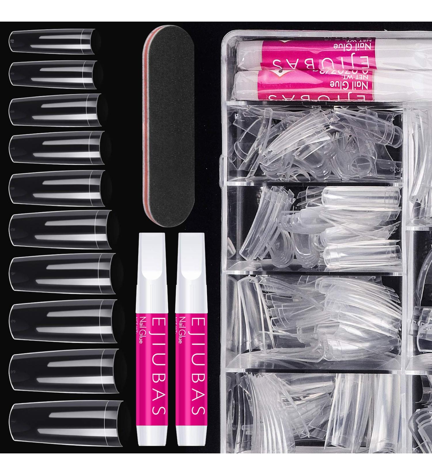 Ejiubas 500PCS Clear Coffin Nail Tips Kit with Glue - Nail Salons & DIY Nail Art - 10 Sizes - Buy Online on GoSupps.com