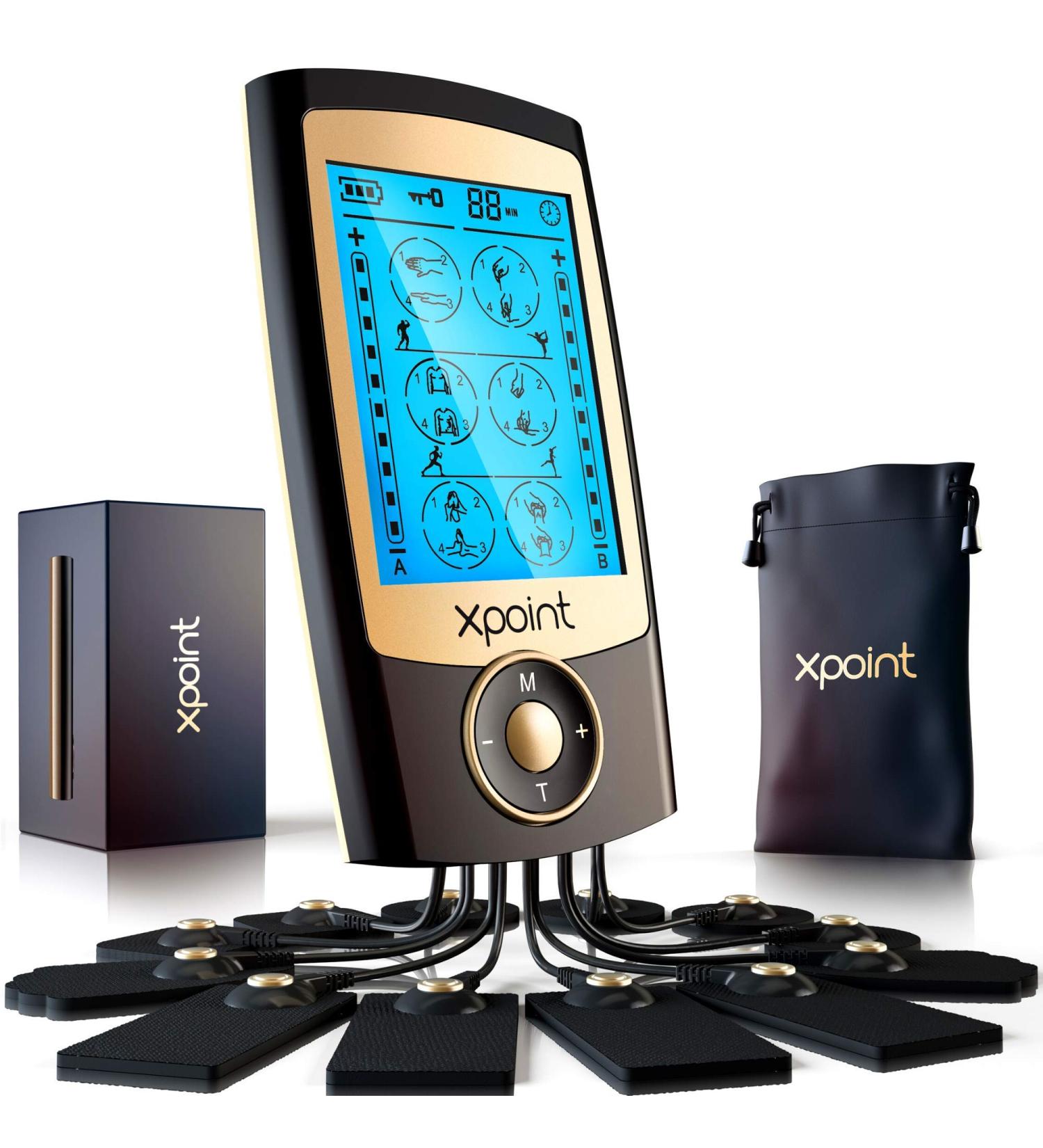 Xpoint Dual Channel Luxury TENS EMS Unit - 16 Modes 12 Large Electrode Pads for Back Shoulder Neck Pain Relief | Rechargeable Muscle Stimulator | Max Power Physical Therapy - Black & Gold - Buy Online on GoSupps.com
