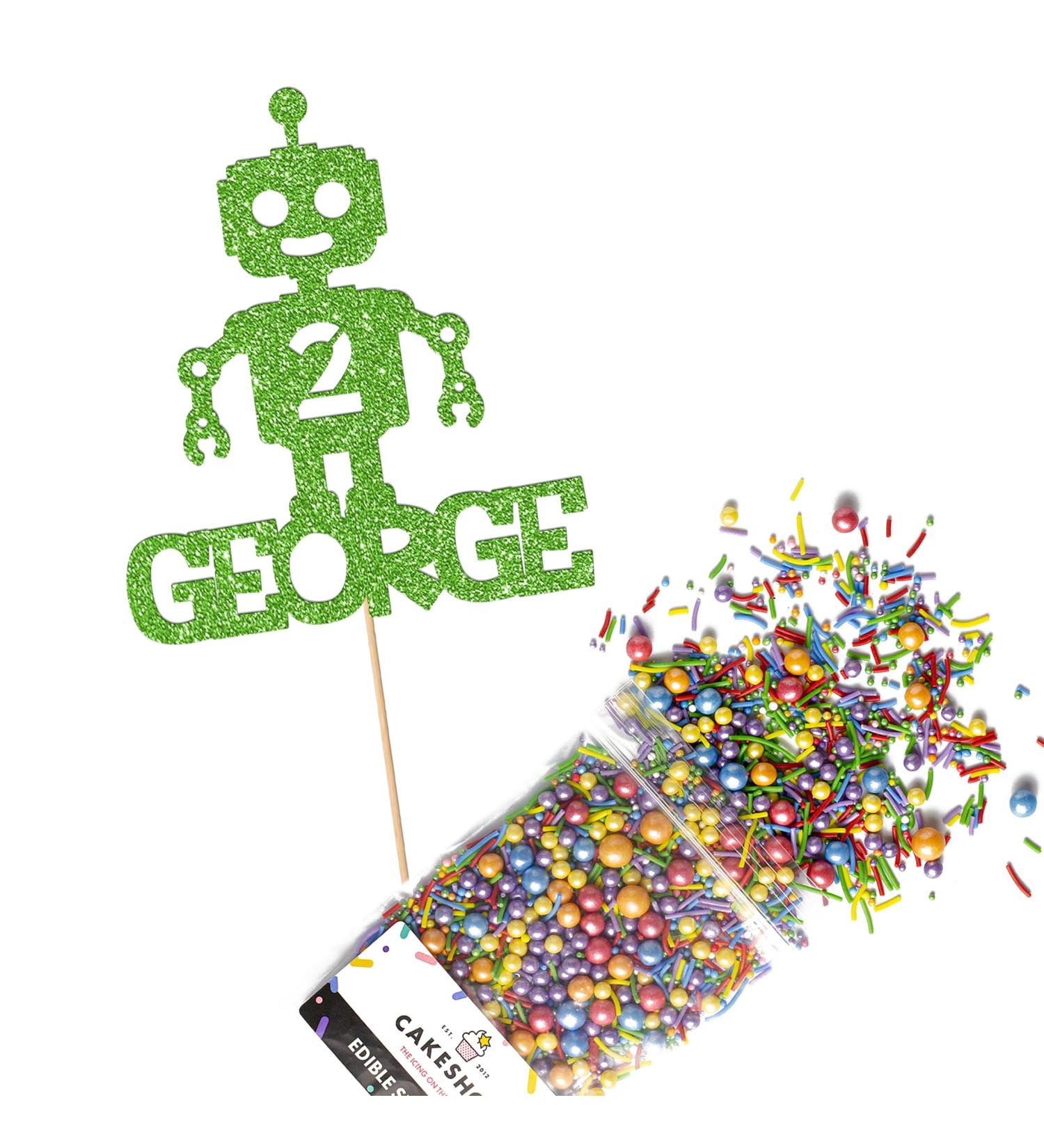 Cakeshop Cake Decoration Pack | Robot Alien Birthday Premium Double Sided Glitter Card Cake Topper & 25g Party Pack of Cake Sugar Sprinkles | Custom Name & Age Cake Decorations (Green) Non-Prime Glitter Card: Green - Buy Online on GoSupps.com