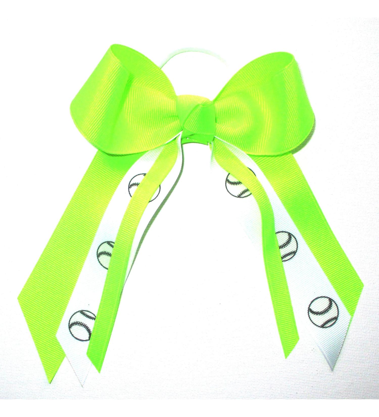 Softball Small Hair Bow  Made in the USA  white pony band  many colors  (Neon Lime Green)