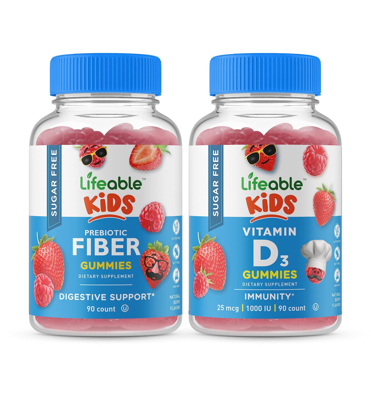 Lifeable Sugar Free Preciotic Fiber Kids + Vitamin D Kids Gummies Bundle - Great Tasting Vitamin Supplement Gluten Free GMO Free Chewable Gummy - Buy Online on GoSupps.com