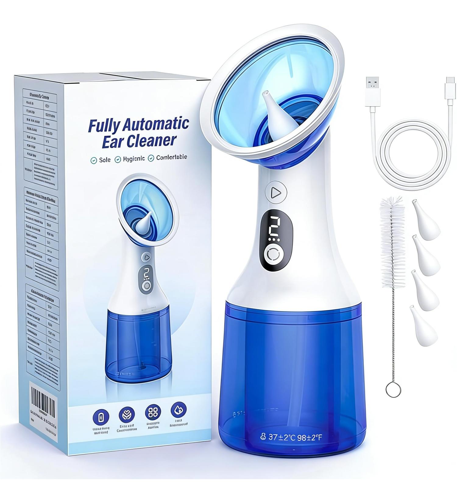 Ear Wax Removal Electric Ear Irrigator with Built-in Waste Tank & 4 Pressure Modes USB-C Rechargeable Water Flusher for Home Use IPX7 Waterproof 4 Tips (Deep Blue)