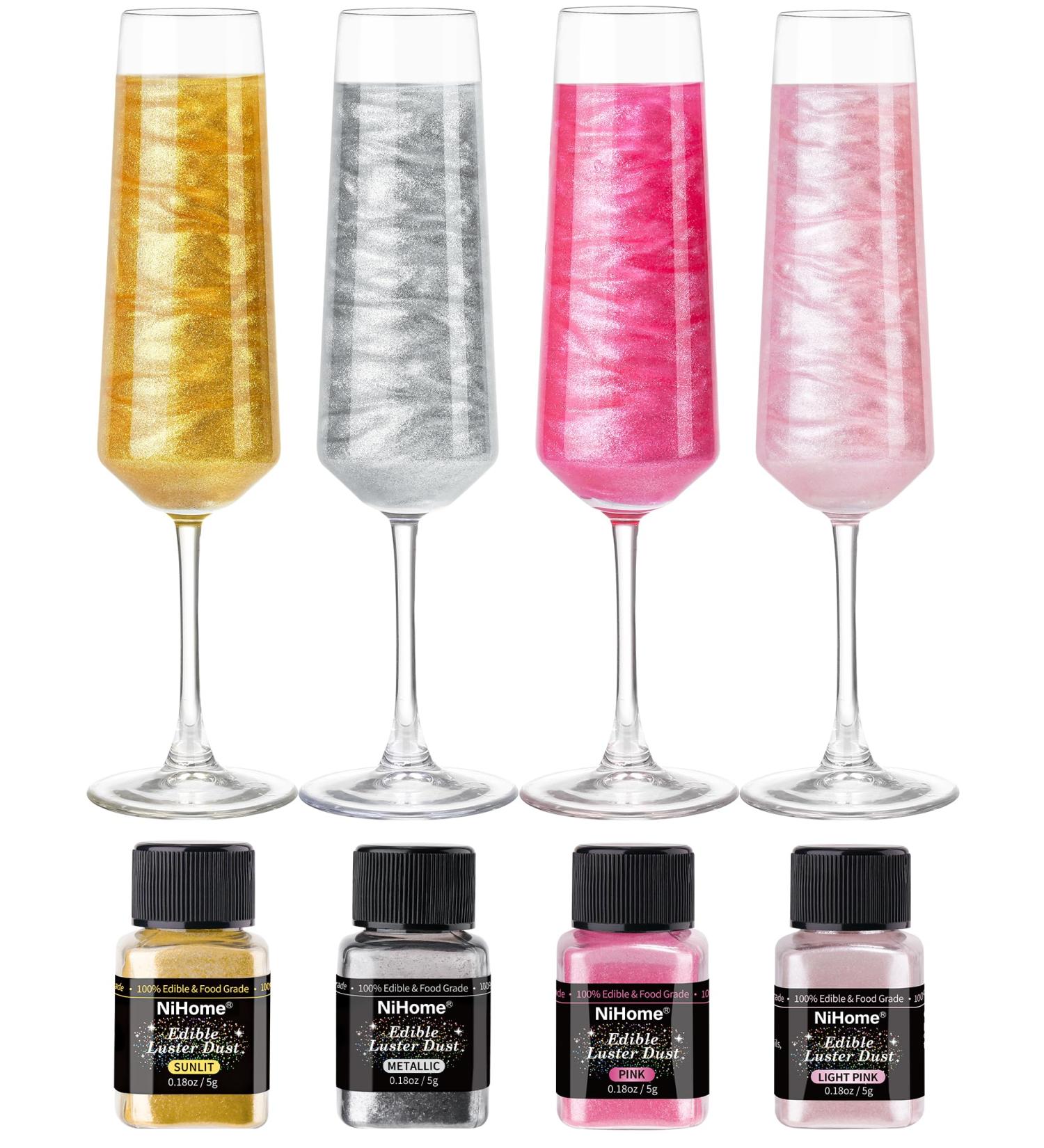 NiHome Edible Luster Dust Glitter Powder Fancy Metallic Sprinkles Glimmer Luster Dust 4 Bottles of 0.18oz/5g for Decorating Drinks Cakes in Bakeries Allergen-Free Food Coloring (4 Colors 20g) Pink/ Light Pink/ Sunlit/ Metallic 4 Pack 20 g - Buy Online on GoSupps.com