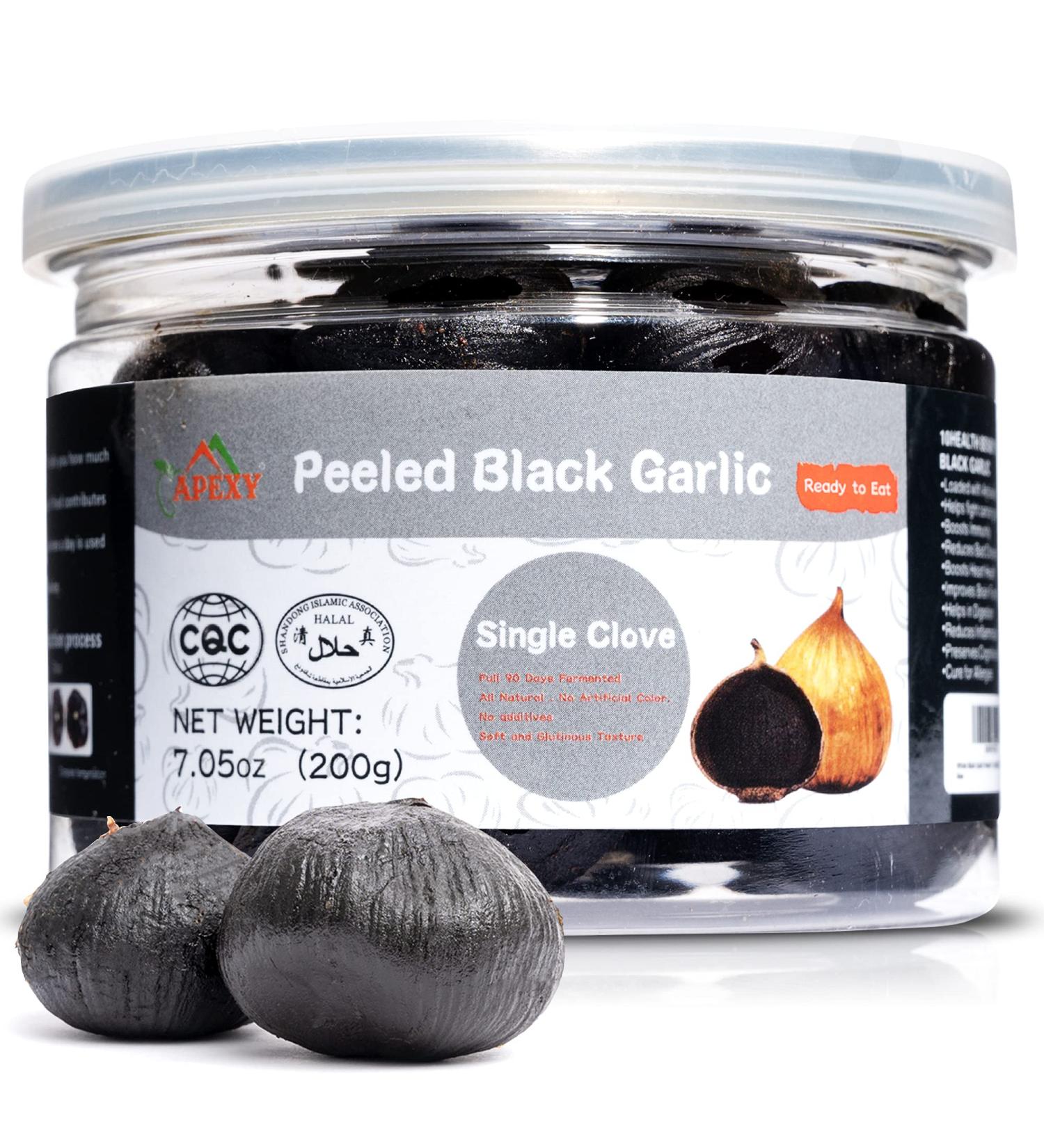 APEXY Whole Black Garlic 7.02 Oz Jar - 90 Days Fermented & Naturally Aged - Peeled Cloves - Gourmet Superfood - Halal Certified - Buy Online on GoSupps.com