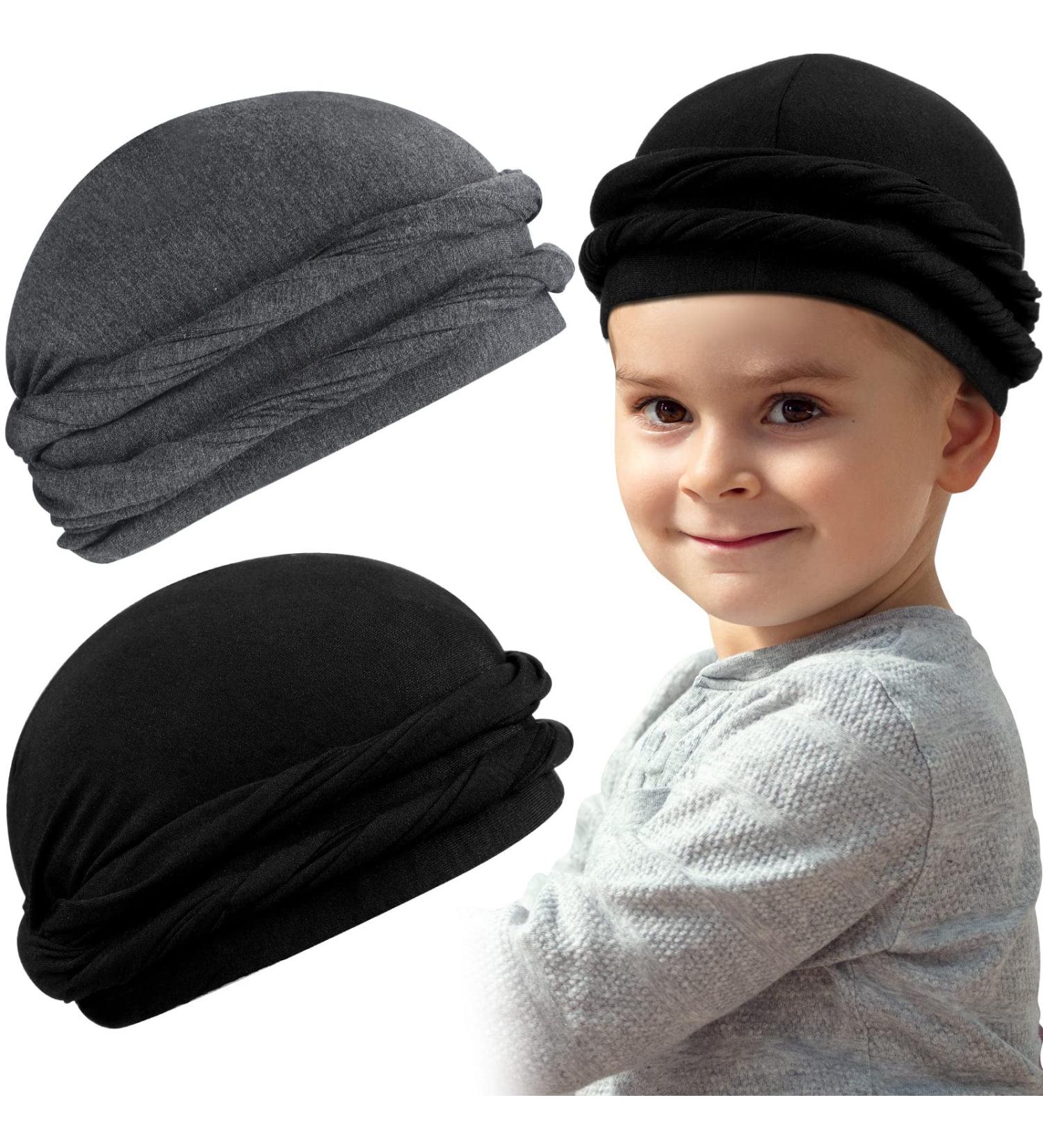 2 Pcs Kids Silk Satin Lined Turban Set - Black/Dark Gray - Ages 6-12 | Pre Tied Twist Head Wrap for Boys and Girls - Buy Online on GoSupps.com