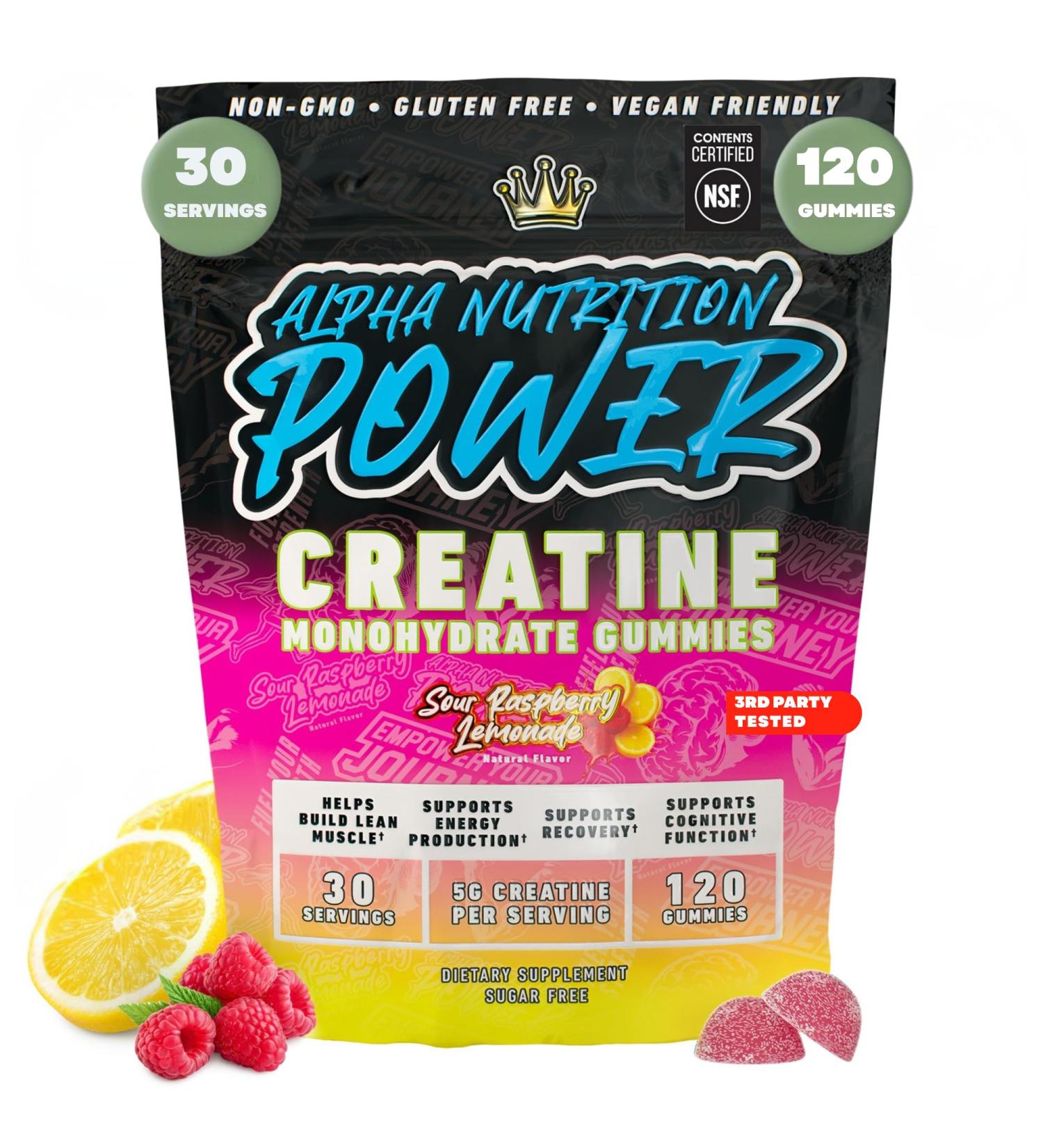 Creatine Monohydrate Gummies 5g Sugar Free Creatine Gummy for Workout for Men & Women Lean Muscle Support Strength Cognitive Health Gluten Free Non GMO NSF Certified Raspberry Lemonade 120 pc Sour Raspberry Lemonad  - Buy Online on GoSupps.com