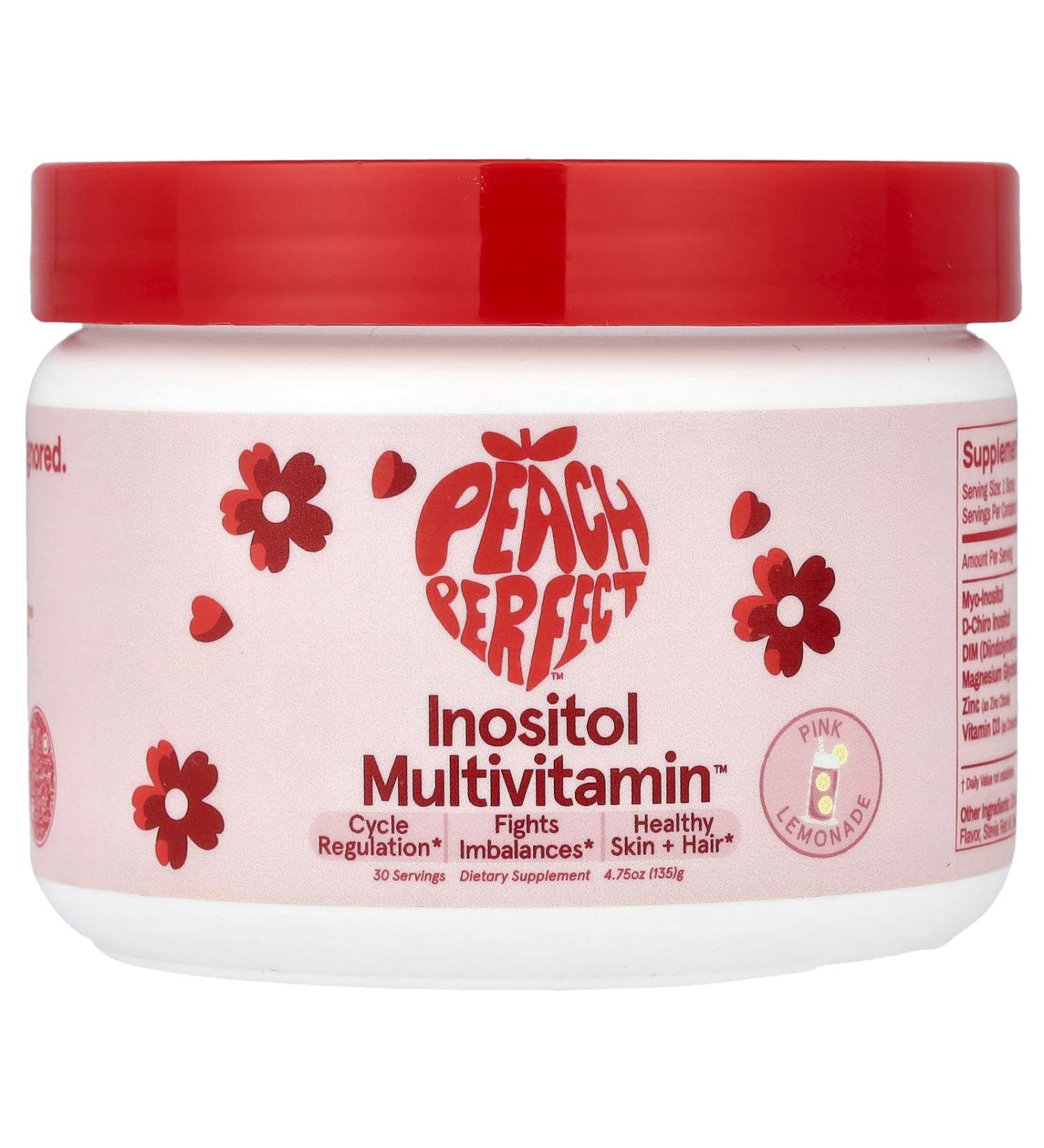 Peach Perfect Inositol Powder Multivitamin Pink Lemonade Flavor 4g Myo & D-Chiro Inositol DIM Zinc Magnesium Glycinate Vitamin D3 Supports Women s Health Cycle Energy 30 SVG Pink Lemonade 180 Count (Pack of 1)