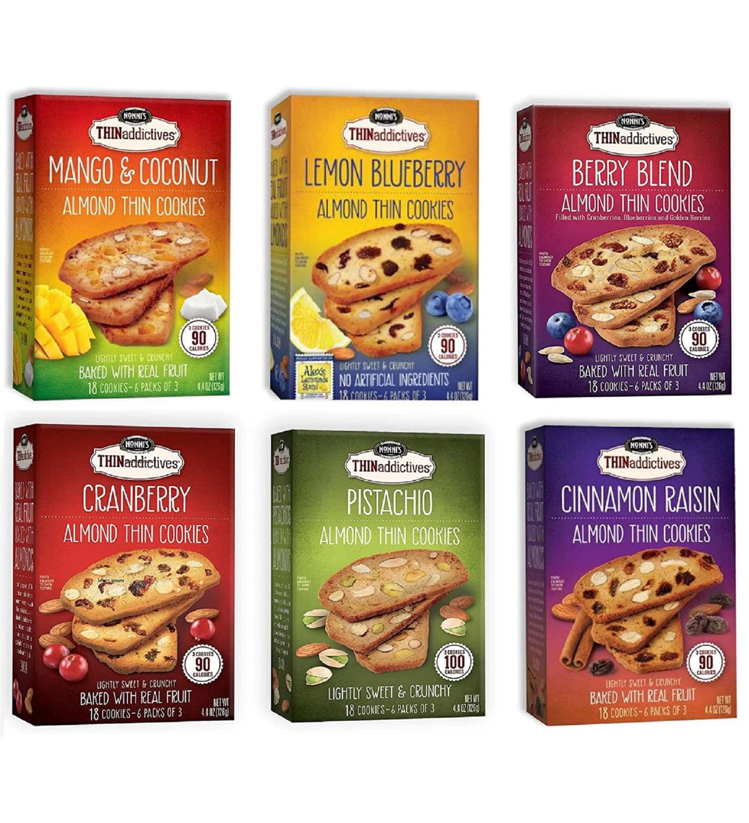 THINaddictives Variety 6 Pack - Almond Thin Cookies - Biscotti Italian Cookies - Sweet & Crunchy - 6 Flavors - 18 Cookies Per Box - Individually Wrapped - Kosher - 4.4 oz - Buy Online on GoSupps.com