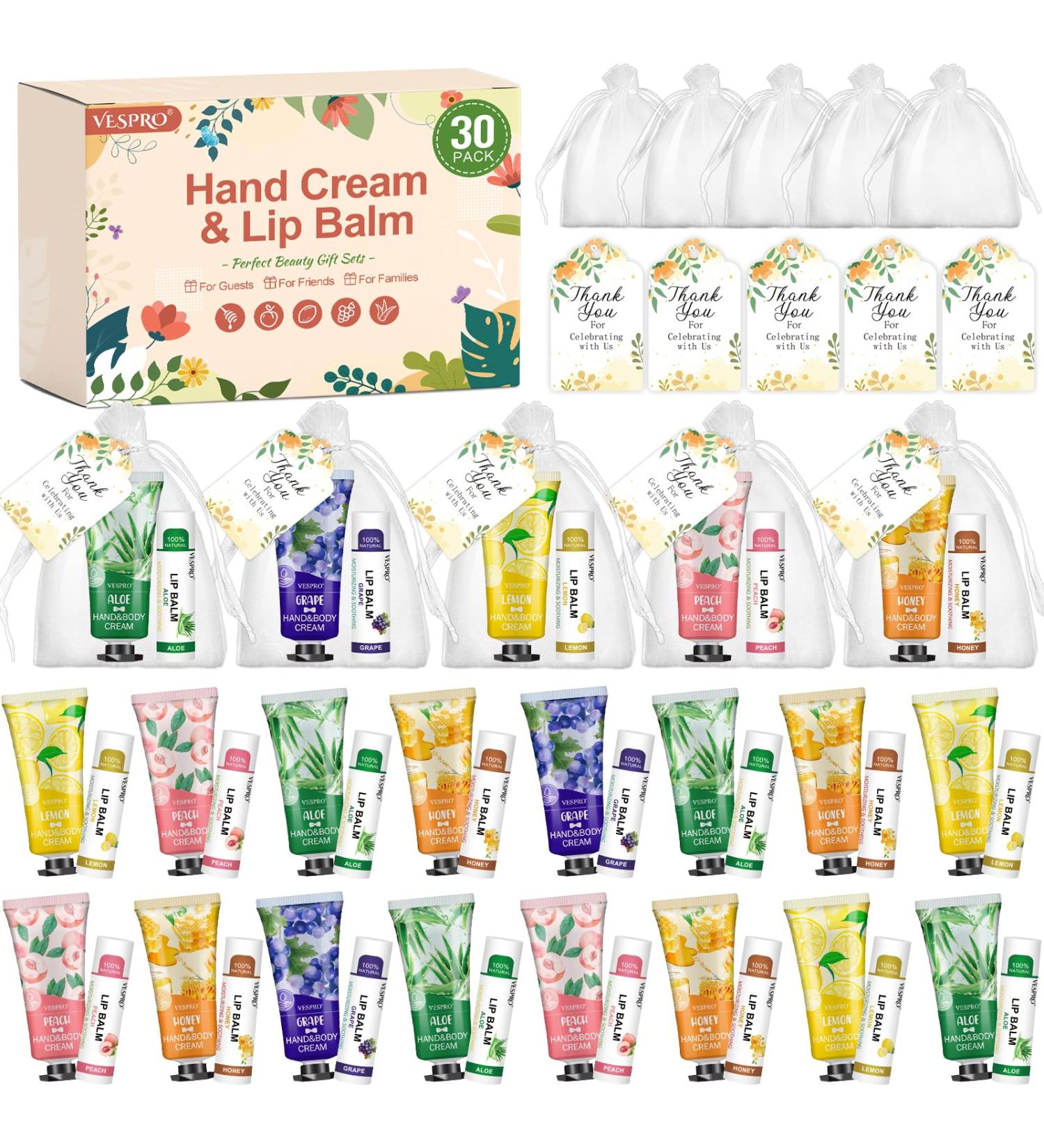 30 Sets Bulk Hand Lotion & Lip Balm Gifts | Wedding & Bridal Shower Favors with Thank You Cards | Perfect Thank You Gifts for Women & Coworkers - Buy Online on GoSupps.com