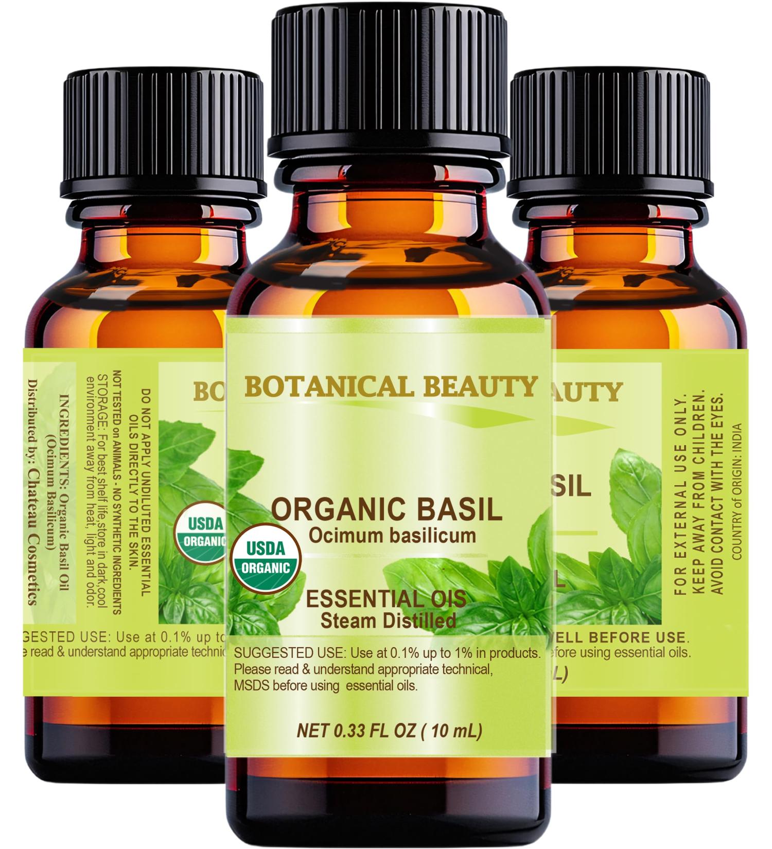 Botanical Beauty Organic Basil Essential Oil. 100% Pure for Beauty Skin Hair Aromatherapy Soaps Candles Reed 0.33 Fl Oz - 10 ml