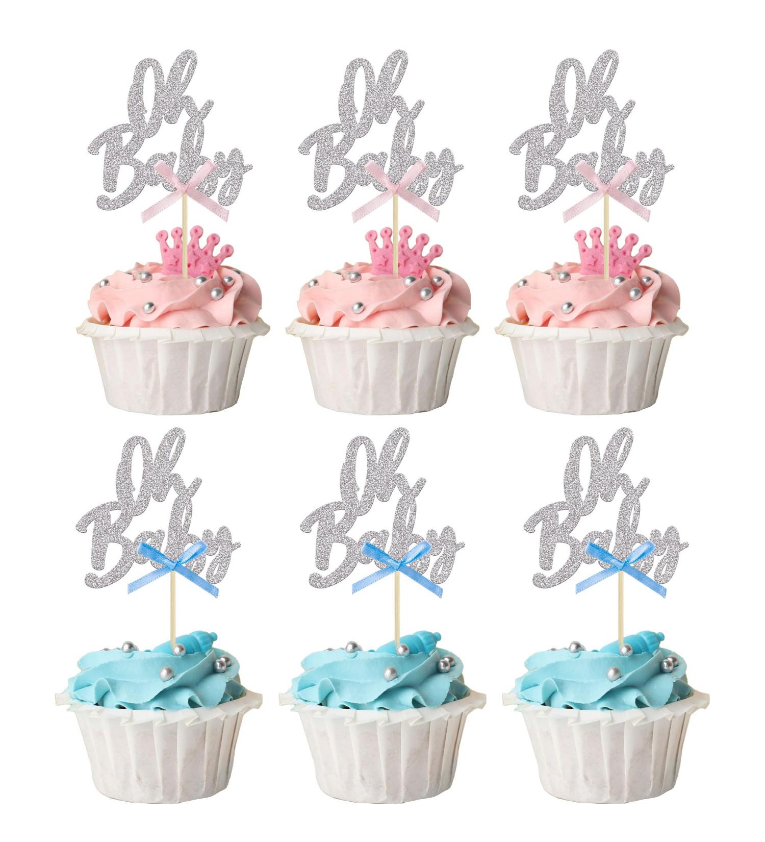 24Pcs Oh Baby Cupcake Toppers Glitter Baby Shower Cupcake Picks with Pink Blue Bow for Gender Reveal Baby Shower Kids Boys Girls Birthday Party Cake Decorations Supplies Rose Gold Silver Bow - Buy Online on GoSupps.com