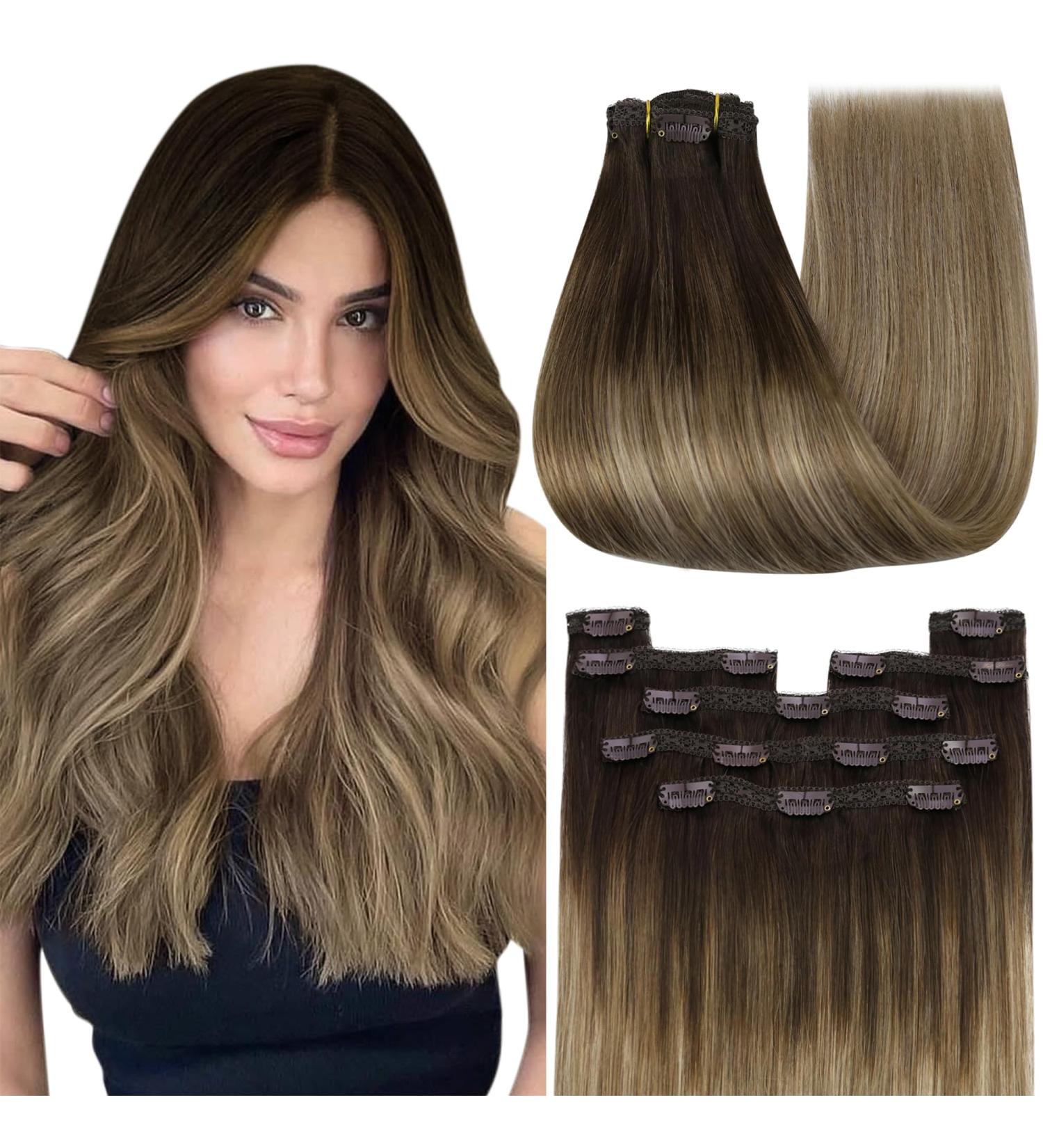 Youngsee Clip-In Real Hair Extensions - 35cm Balayage Dark Brown with Blonde Highlights - 120g #4/10/16 - Premium Quality Hair Recovery - Buy Online on GoSupps.com