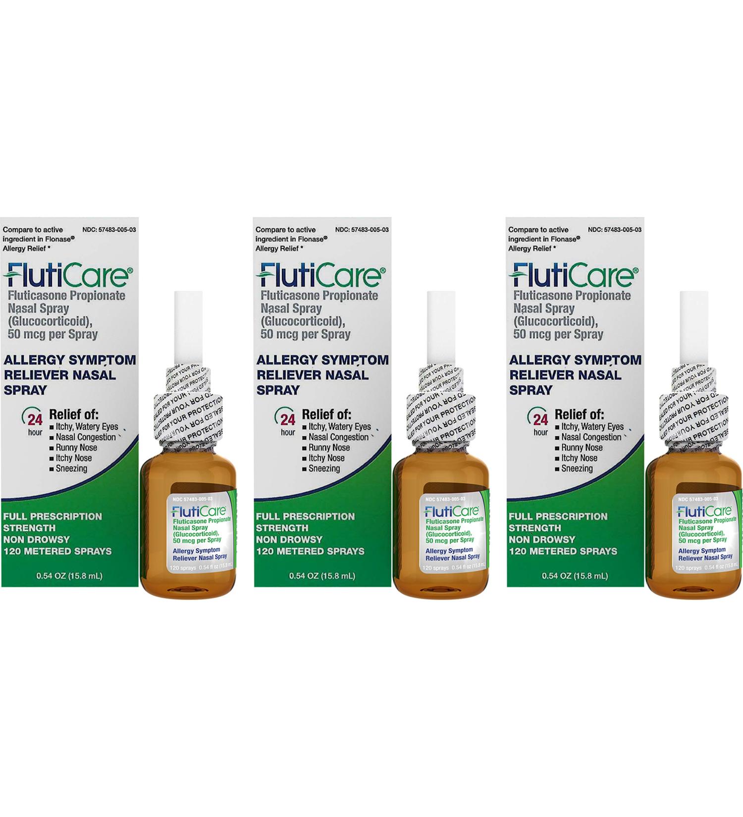 FlutiCare 120 Metered Nasal Sprays (3 Pack) | Fluticasone Propionate 50mcg | Allergy Relief for Pollen, Dust, and Dander | Indoor and Outdoor Allergens | 3 Month Supply - Buy Online on GoSupps.com