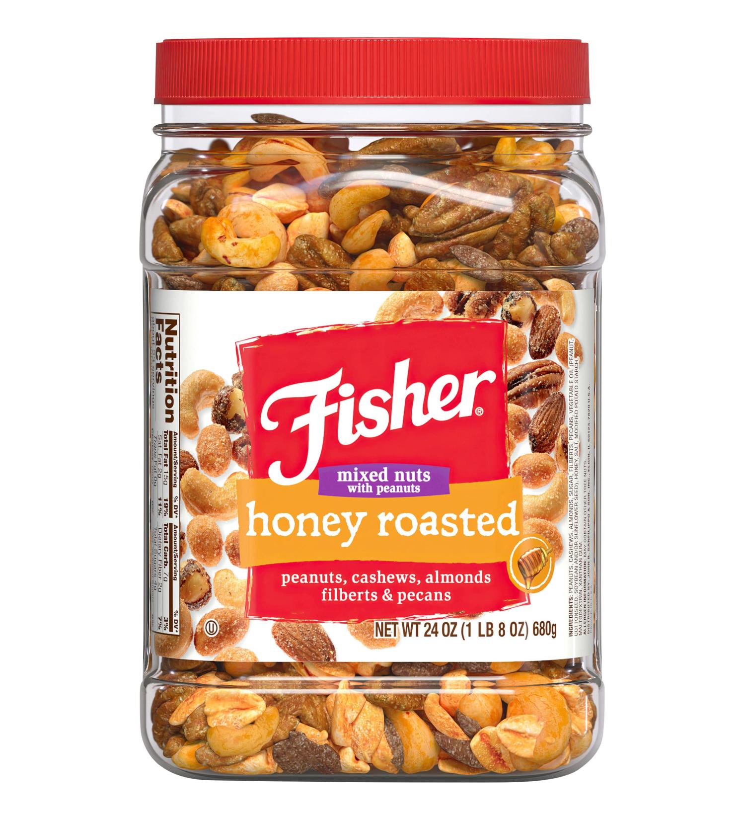 Fisher Snack Honey Roasted Mixed Nuts 24oz - Peanuts, Cashews, Almonds, Filberts, Pecans - 1.5lb Pack of 1 - Buy Online on GoSupps.com