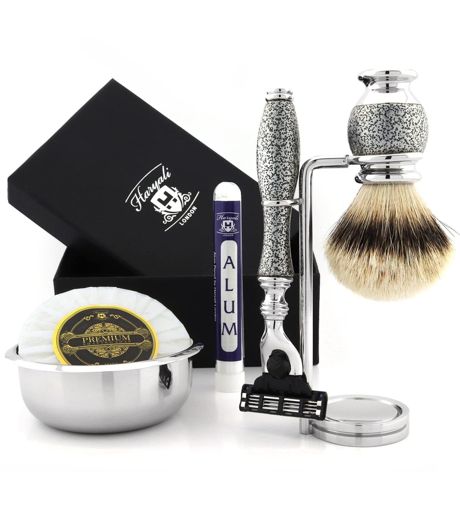 4Pc Men's Grooming & Shaving Kit - 3 Edge Razor Silver Tip Badger Brush Stand & Alum Pencil - Perfect Grooming Set for Men - Buy Online on GoSupps.com