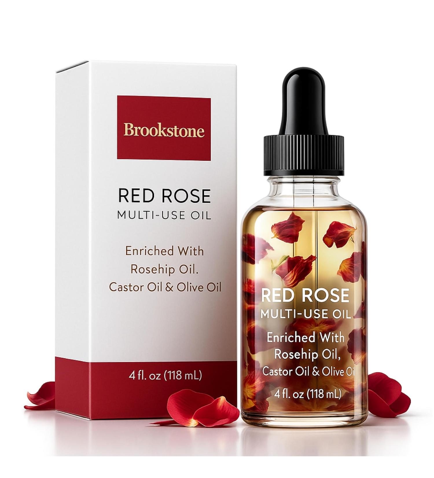 Brookstone Red Rose Multi-Use Essential Oil for Hair Face & Body - Deep Floral Rose Aroma Enriched with Rosehip Castor & Olive Oils (4 fl oz / 118 mL) - Buy Online on GoSupps.com