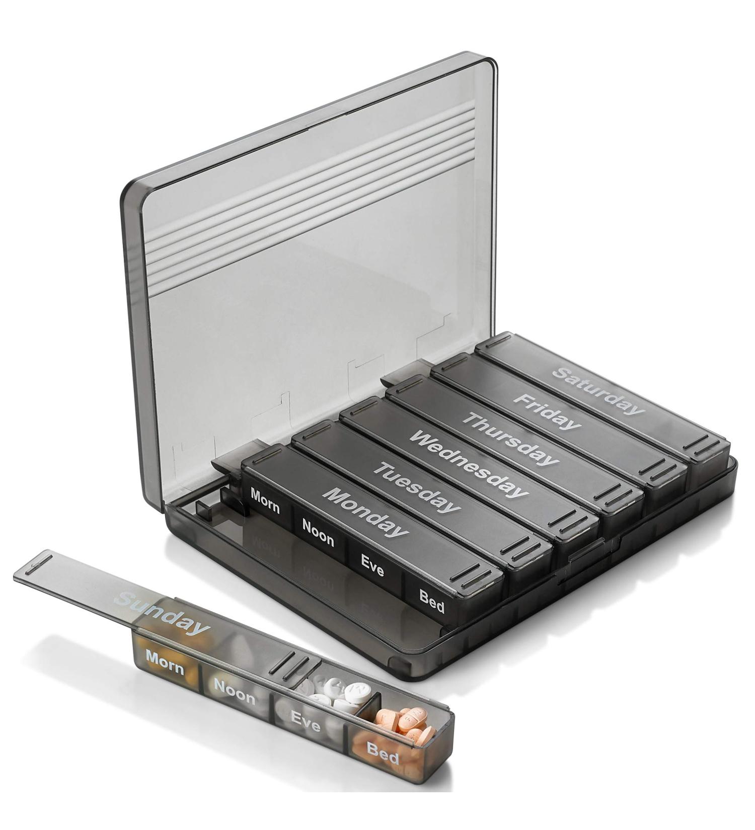 Weekly Pill Organizer - 7-Day AM/PM Pill Case with Removable Daily Compartments for Vitamins & Medications - Easy Read Labels for International Shipping - Buy Online on GoSupps.com