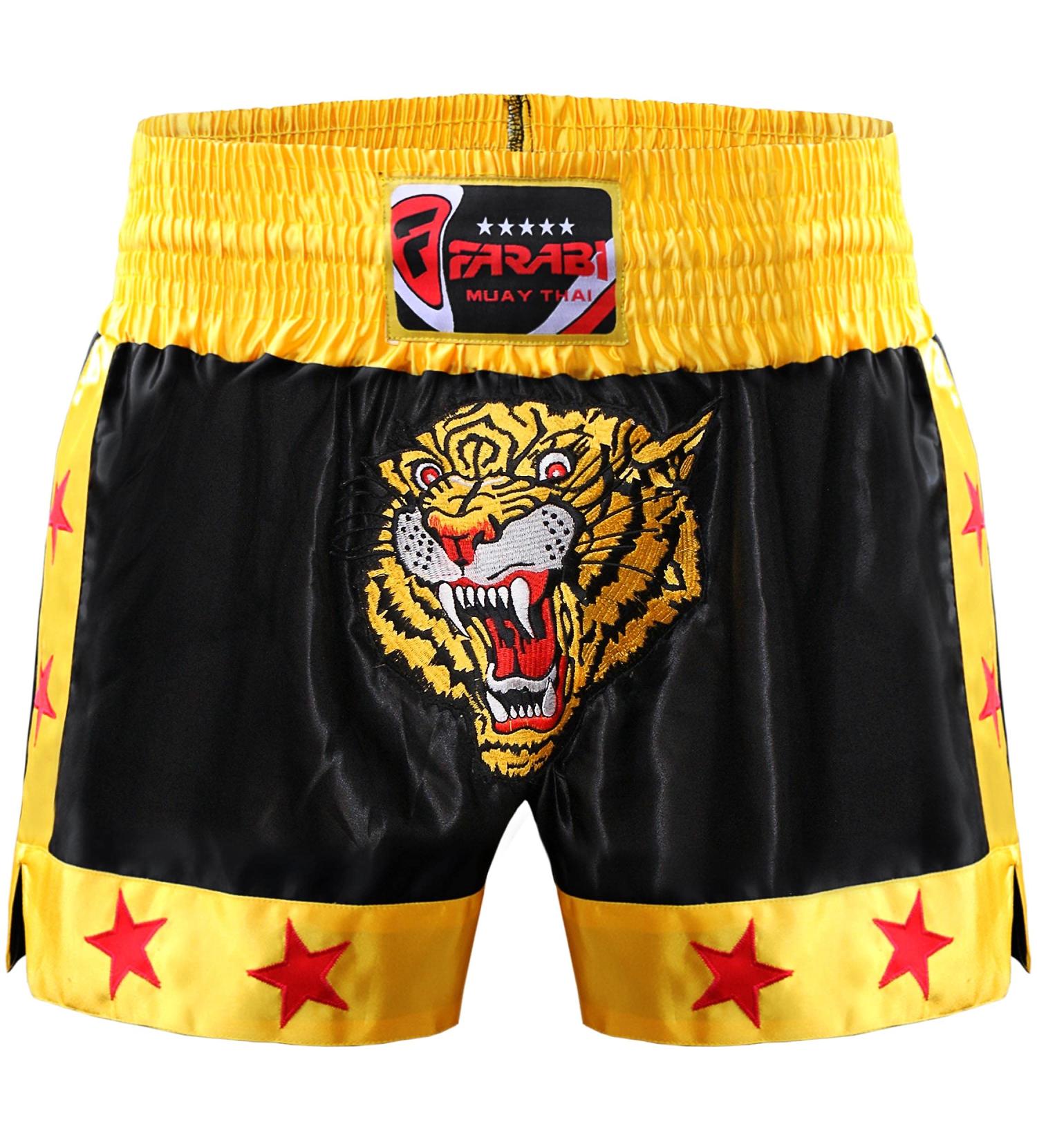 Muay Thai Kick Boxing Training Shorts - Satin Black Gold Tiger Embroidery, X-Small - Buy Online on GoSupps.com