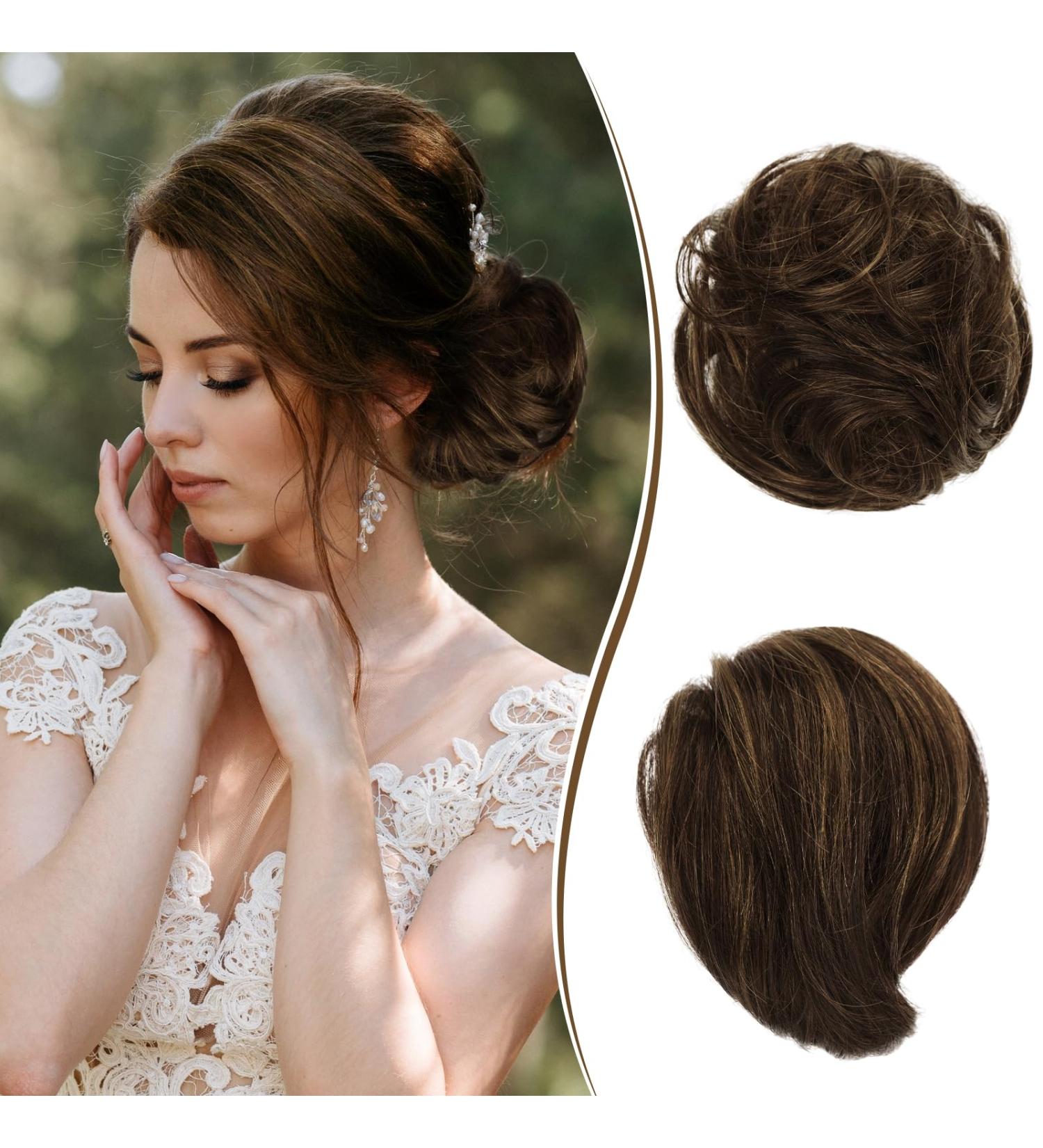 Ruwiss Elegant Long Hair Part Bun Extension - Smooth Tousled Updo with Real Hair Tie for Women - 25g Brown Mixed Scrunchy - Buy Online on GoSupps.com