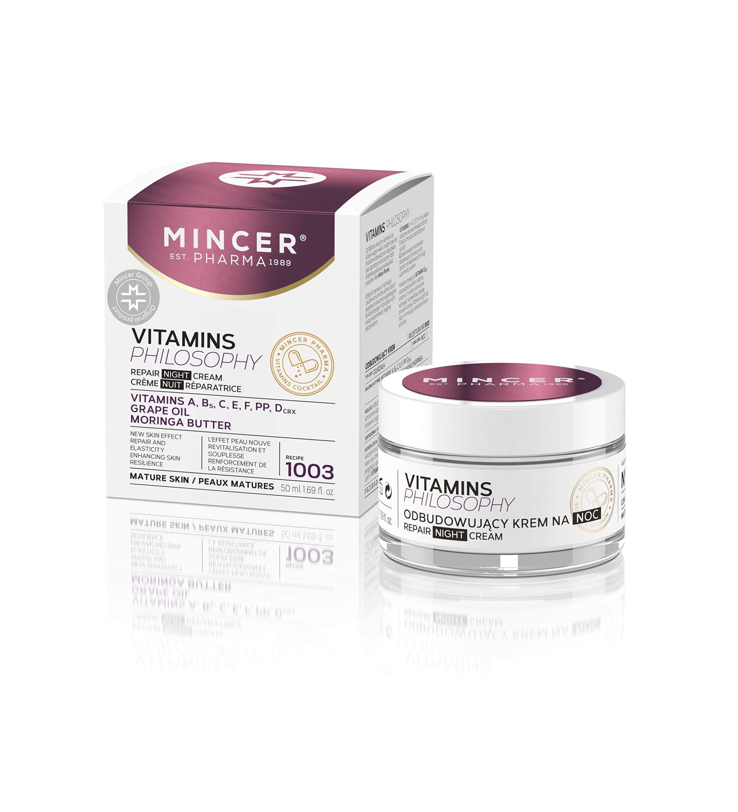  MINCER EST. PHARMA 1989 Mincer Pharma Vitamins Philosophy Regenerating Night Cream for Mature Skin with Grape Oil Vitamins A B C E F PP D and Moringa Butter 50 ml - Buy Online on GoSupps.com