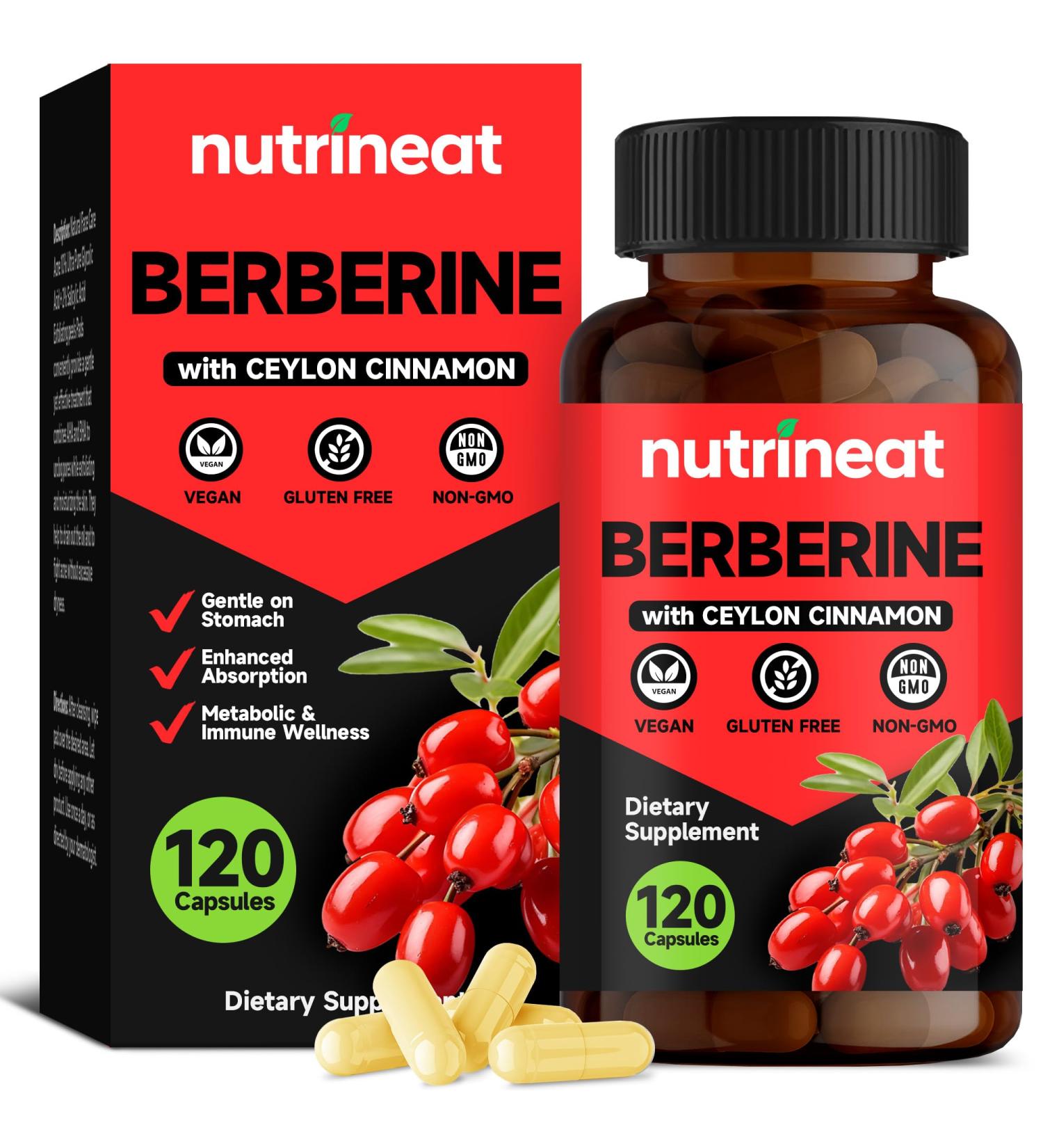 NutriNeat Berberine HCL Supplement (120 Capsules) Berberine Supplement with Phytosome Plus Botanical Extract 200mg Berberine Plus 100mg Ceylon Cinnamon Concentrated Berberine 500mg Supplements