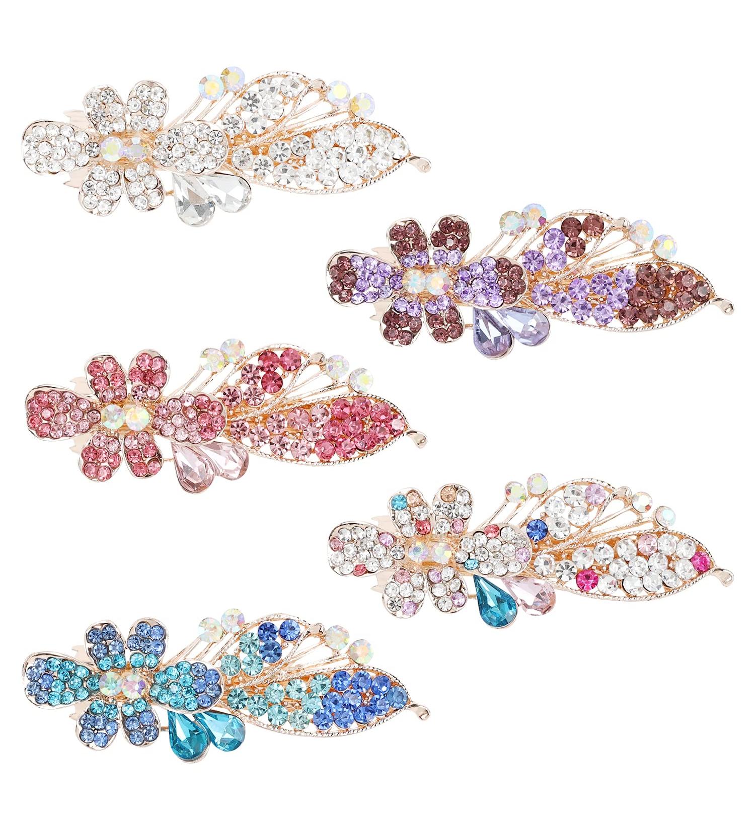 5 Pack Luxury Glitter Gems Korean Rhinestone Flower Barrettes Hair Clips for Women - Buy Online on GoSupps.com