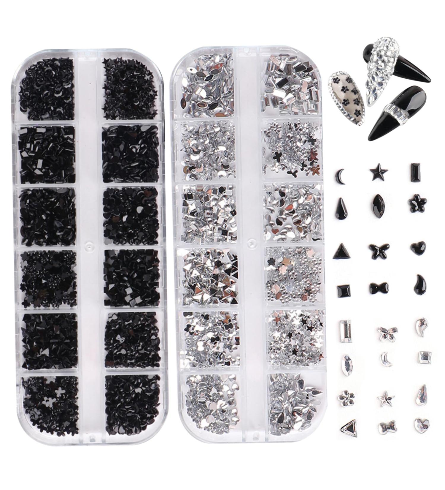 Nail Gems 2 Plates Rhinestones for Nail Art 2 Colors 12 Grids Different Shape 3D Nail Art Gems with Rhinestone Picker Dotting Pen Nail Art Rhinestones Tpye2 silver+black - Buy Online on GoSupps.com