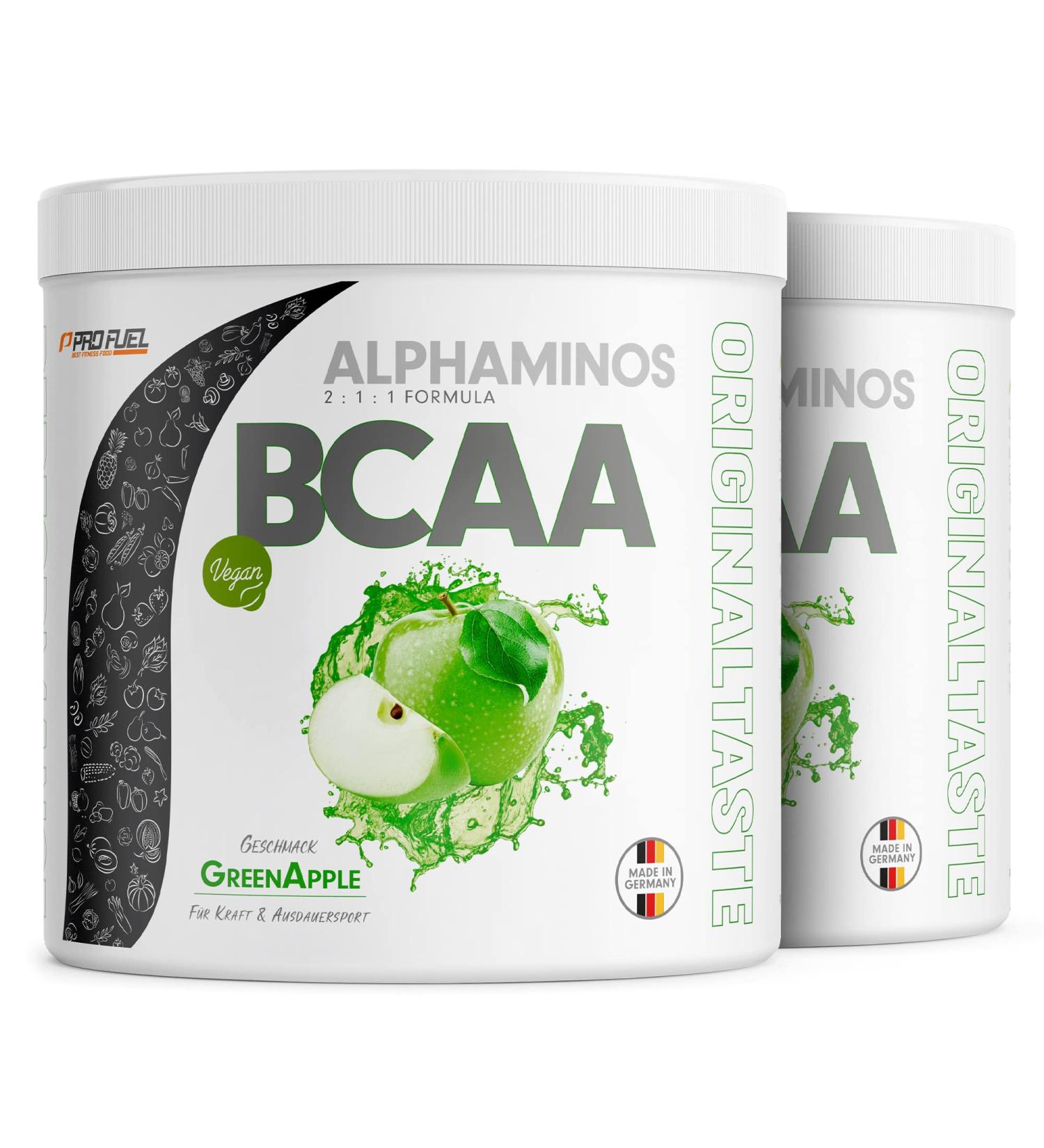 BCAA Powder 2x300g Green Apple - Test Winner Alphaminos 2:1:1 - Profuel's Essential Vegan Amino Acids - Delicious Taste & Top Solubility - Buy Online on GoSupps.com