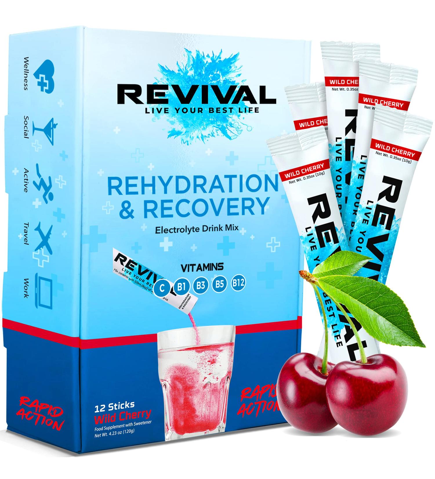 Revival Rapid Rehydration Electrolytes Powder - Cherry Flavored Effervescent Hydration Tablets - 12 Pack, 12 Servings - Buy Online on GoSupps.com
