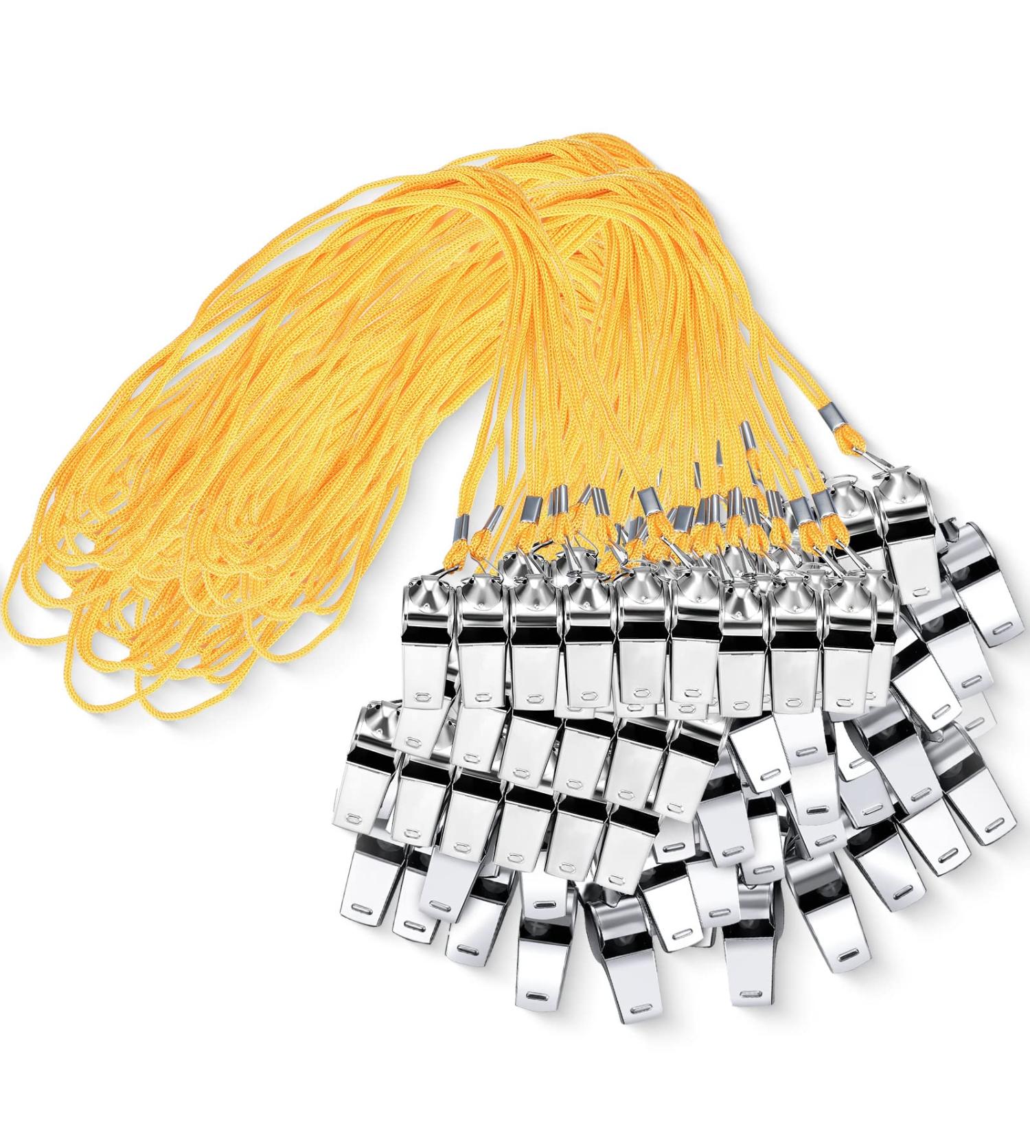 Kingdder 100 Pcs Stainless Steel Metal Referee Coach Whistle with Lanyard - Loud Sound Whistles for Teachers, Police, Sports, School - Yellow - Buy Online on GoSupps.com