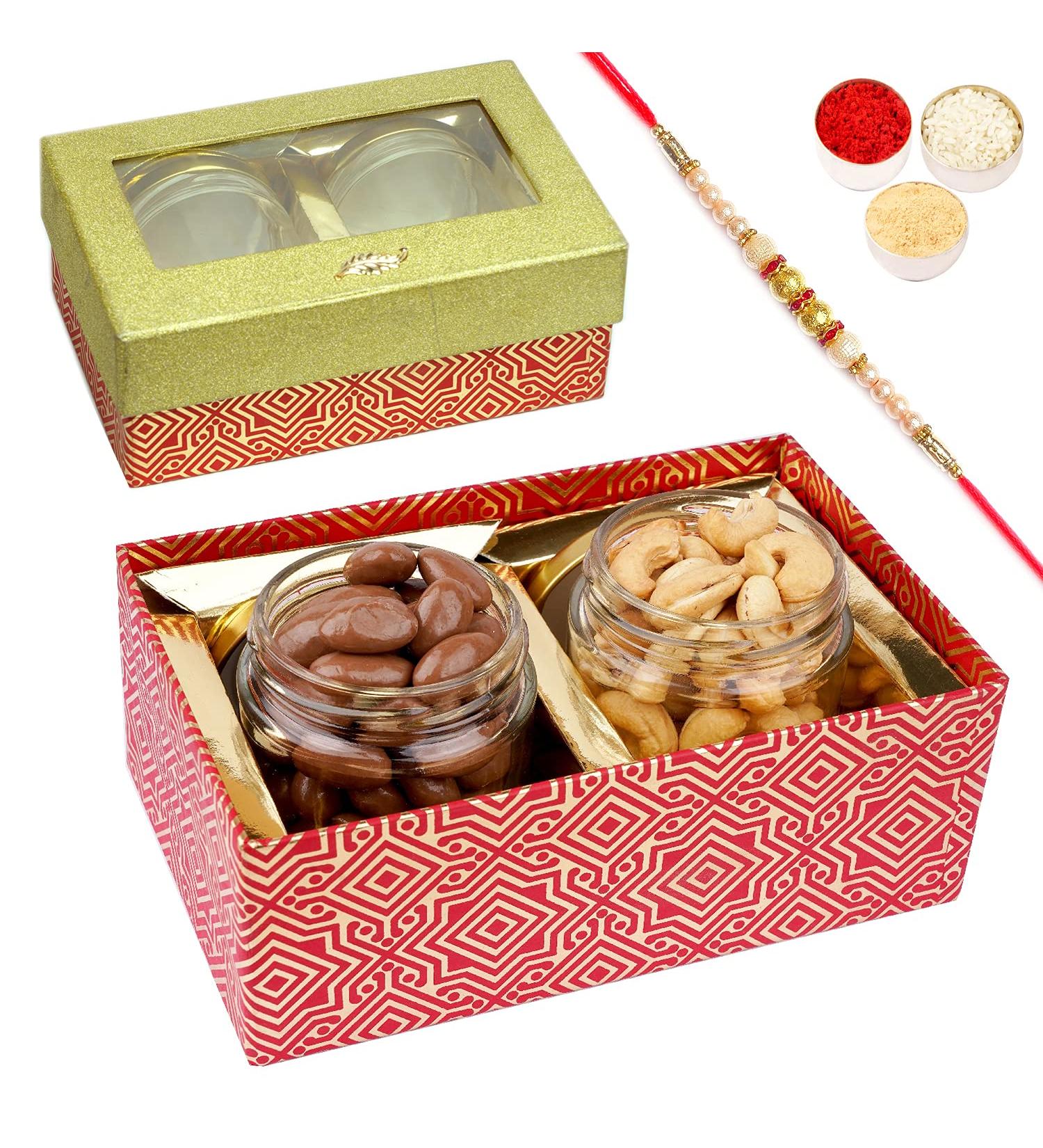 Jaiccha Ghasitaram Rakhi Gifts for Brothers Box with 2 Jars of Chocolate Coated Almonds and Roasted Cashews with Pearl Rakhi Box with 2 Jars of Choco Almonds and Kaju Rakhi - Buy Online on GoSupps.com