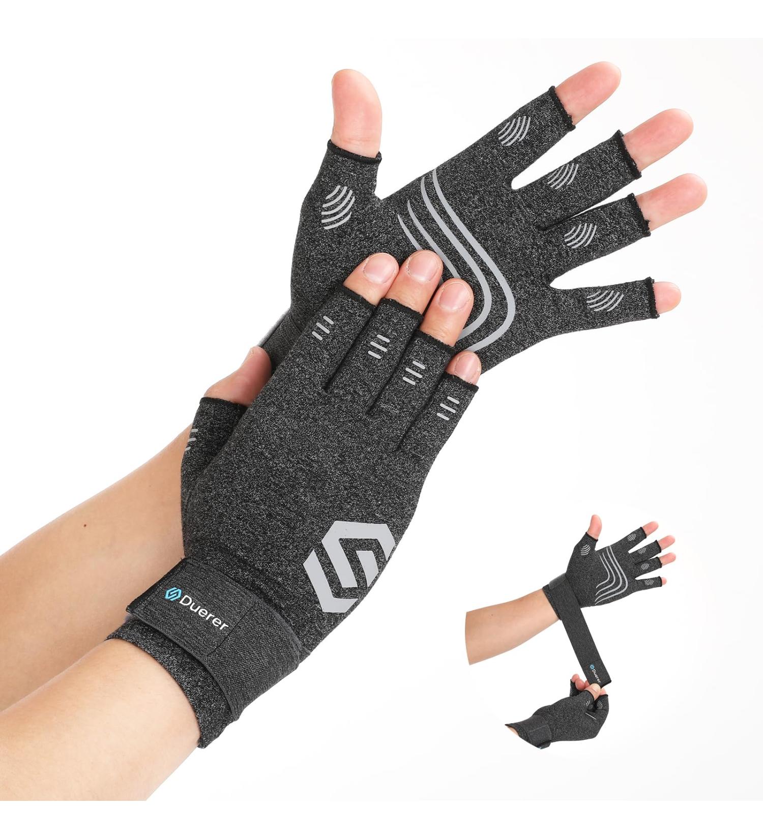 Duerer Arthritis Compression Gloves with Straps - Fingerless Support for RSI Carpal Tunnel & Hand Pain Relief (Grey M) - Buy Online on GoSupps.com
